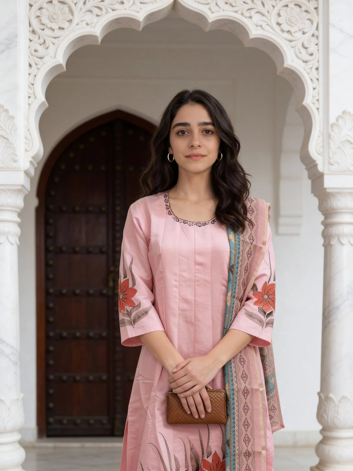 Buy Poly Viscose Emblishment Anarkali Calf Length Kurta and Pant With Dupatta-Pink