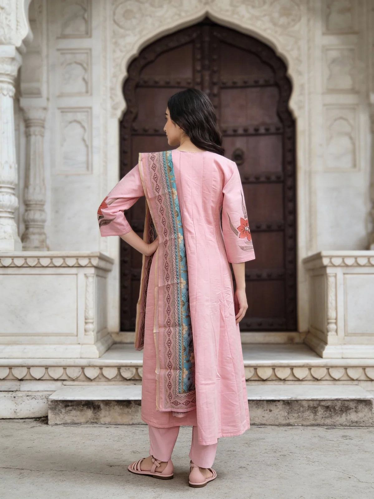 Buy Poly Viscose Emblishment Anarkali Calf Length Kurta and Pant With Dupatta-Pink