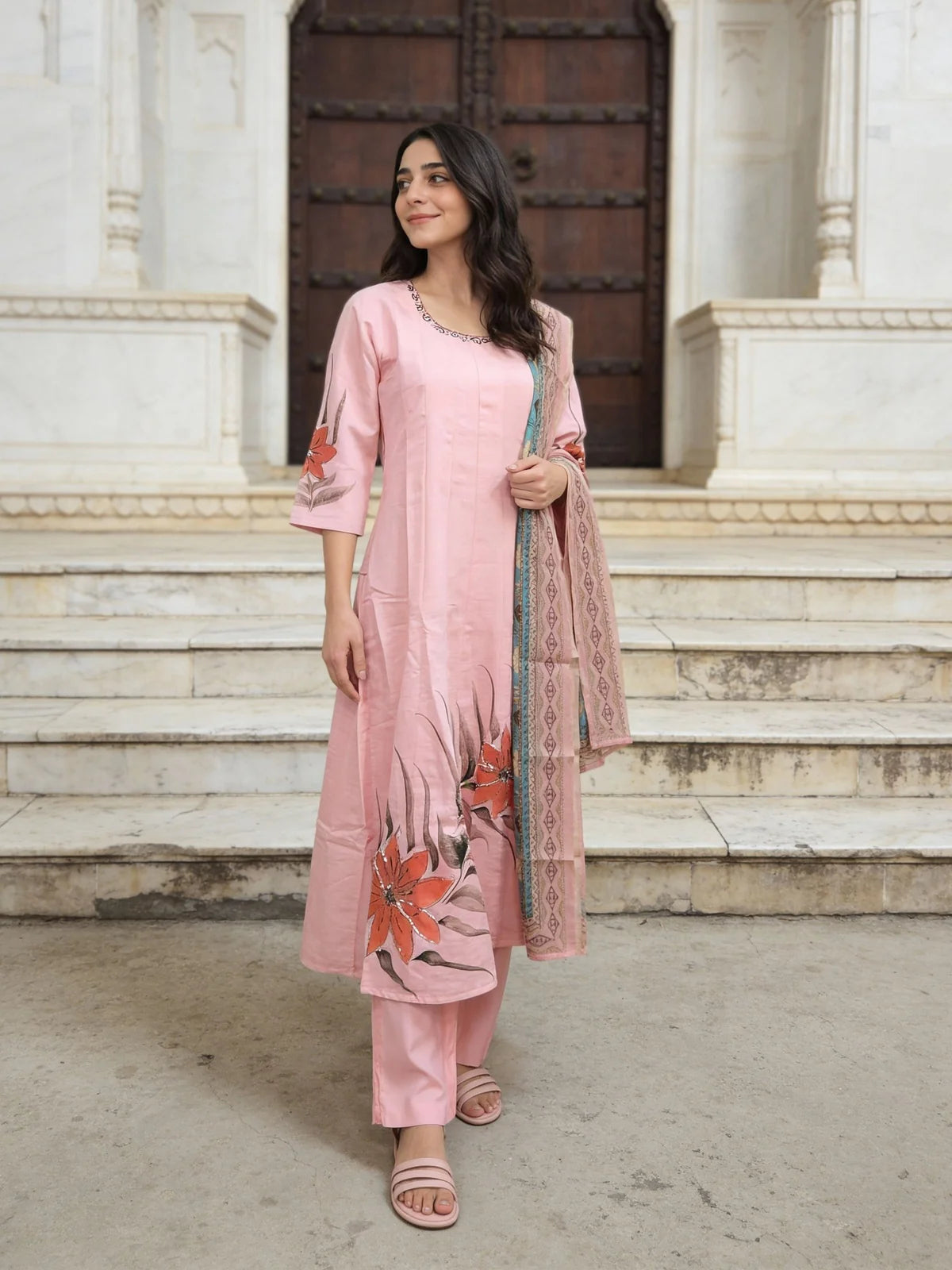Buy Poly Viscose Emblishment Anarkali Calf Length Kurta and Pant With Dupatta-Pink