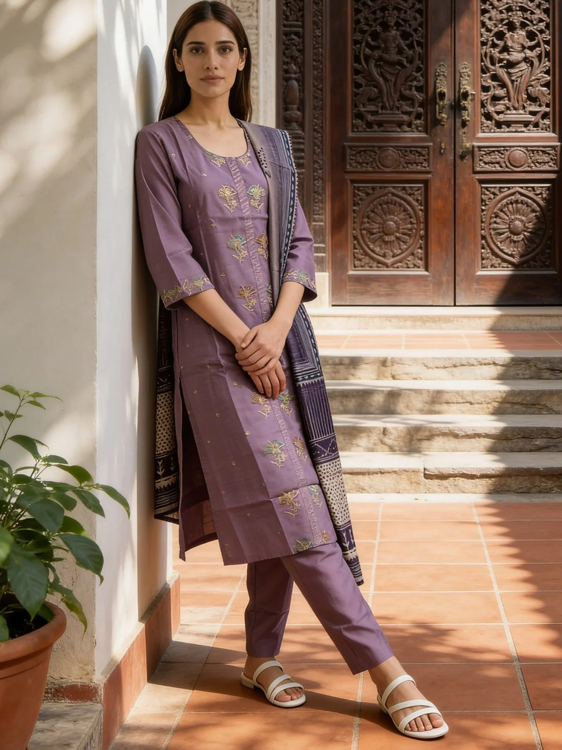 Buy Lavender Poly Viscose Embroidered Straight Calf Length Kurta With Pant and Dupatta-Lavender