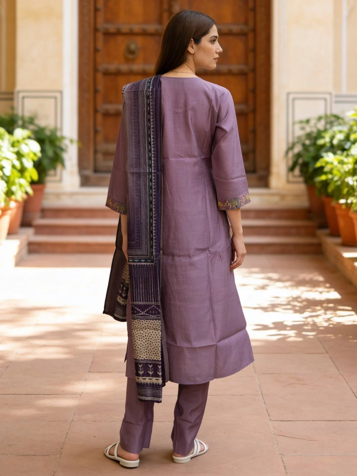 Buy Lavender Poly Viscose Embroidered Straight Calf Length Kurta With Pant and Dupatta-Lavender
