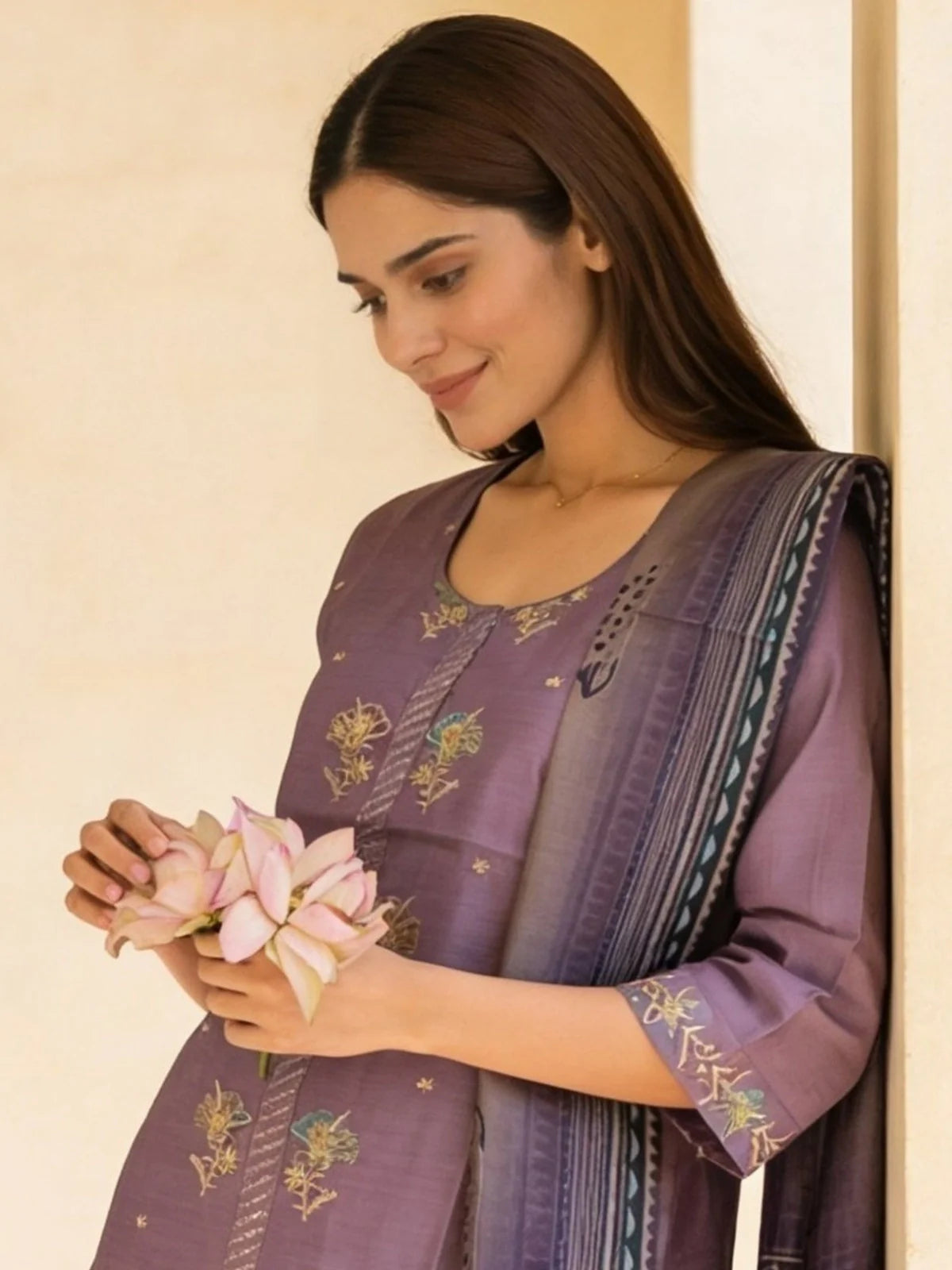 Buy Lavender Poly Viscose Embroidered Straight Calf Length Kurta With Pant and Dupatta-Lavender
