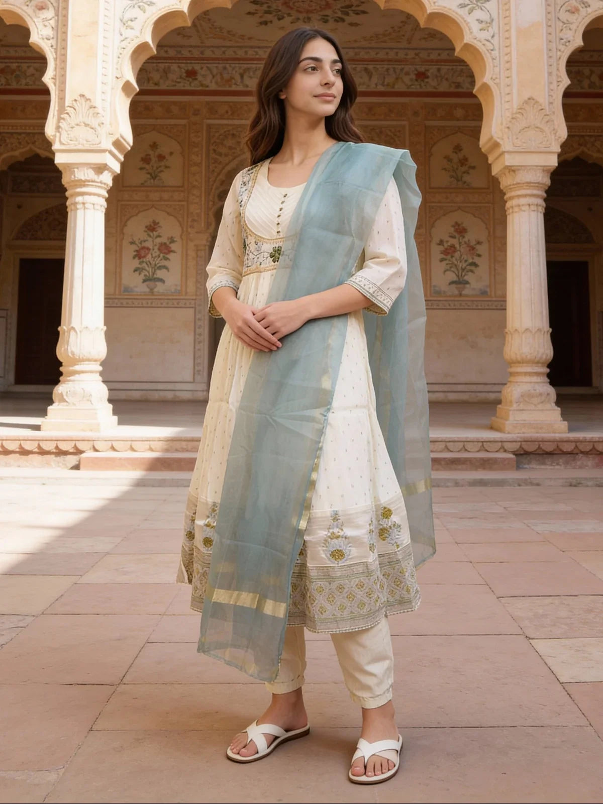 Buy Poly Viscose Embroidered Anarkali Calf Length Kurta with Pant and Dupatta-White