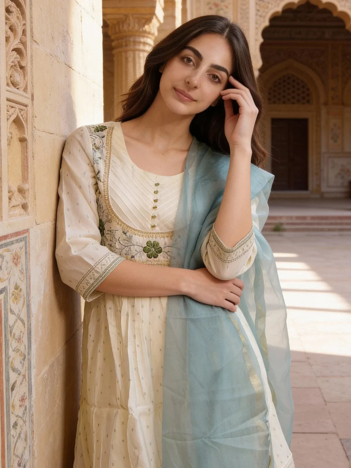 Buy Poly Viscose Embroidered Anarkali Calf Length Kurta with Pant and Dupatta-White