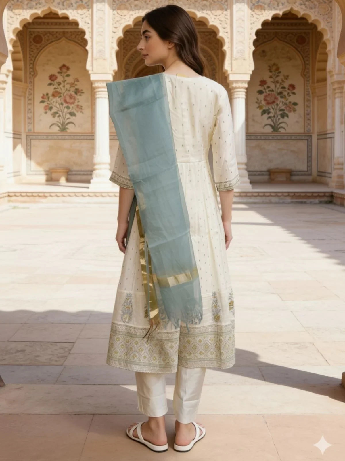 Buy Poly Viscose Embroidered Anarkali Calf Length Kurta with Pant and Dupatta-White