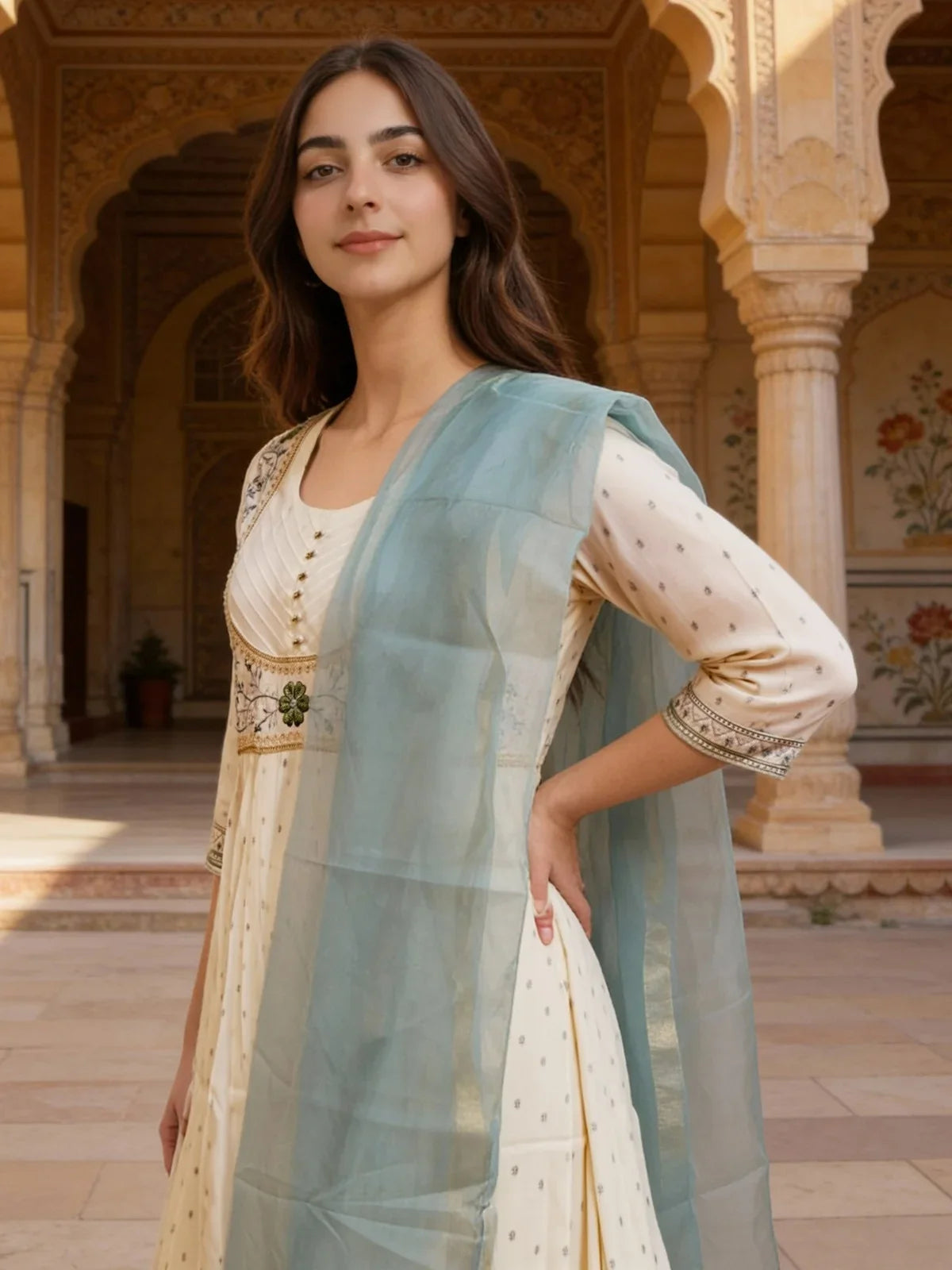 Buy Poly Viscose Embroidered Anarkali Calf Length Kurta with Pant and Dupatta-White