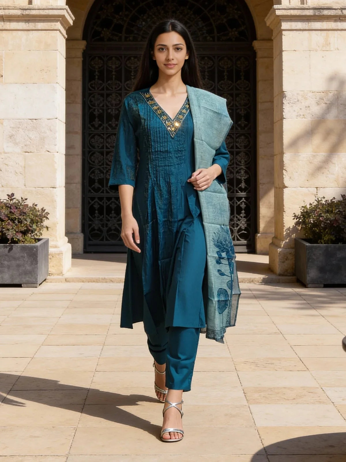 Buy Poly Viscose Embroidered Flared Calf Length Salwar Suit-Teal