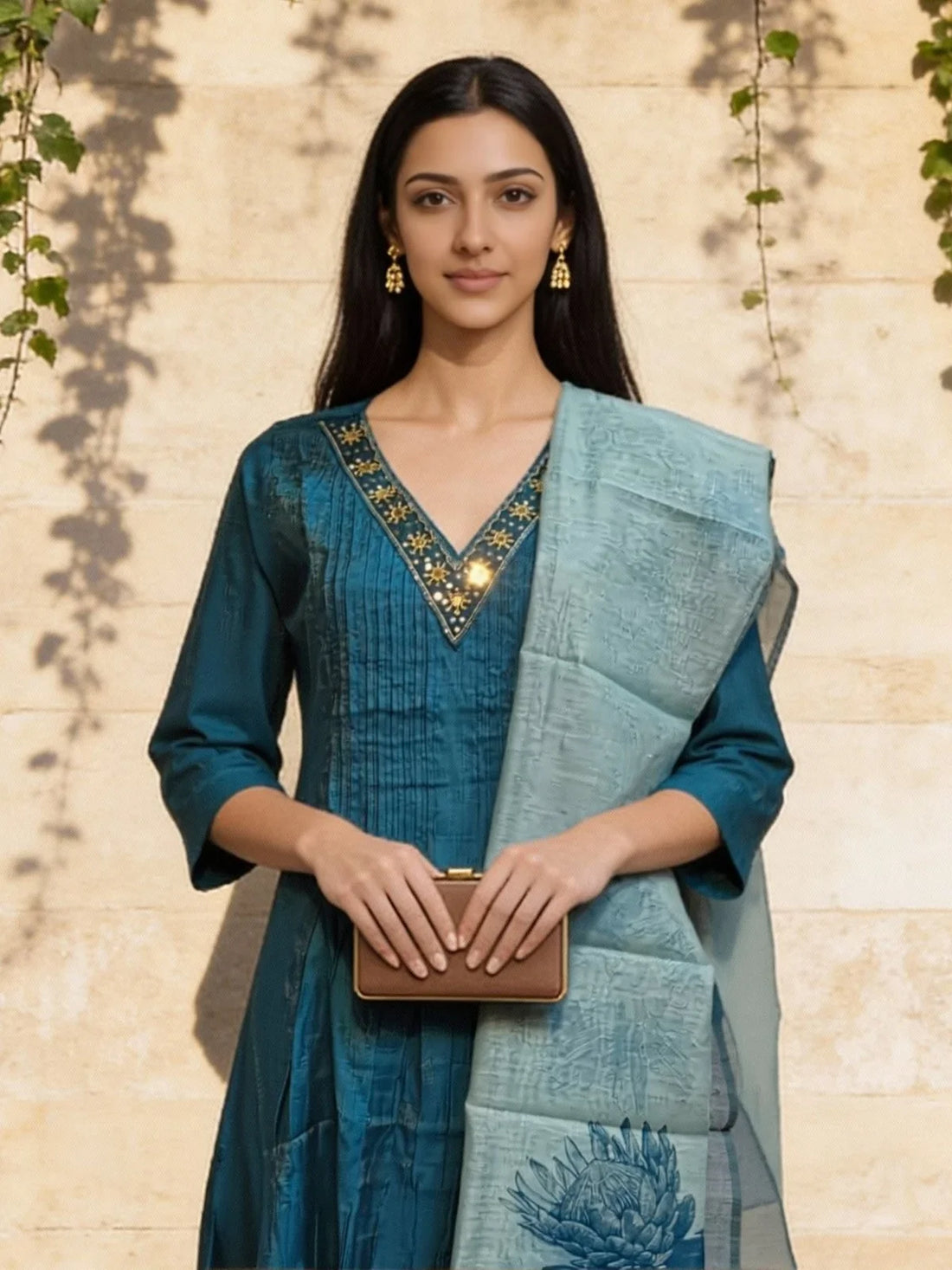 Buy Poly Viscose Embroidered Flared Calf Length Salwar Suit-Teal