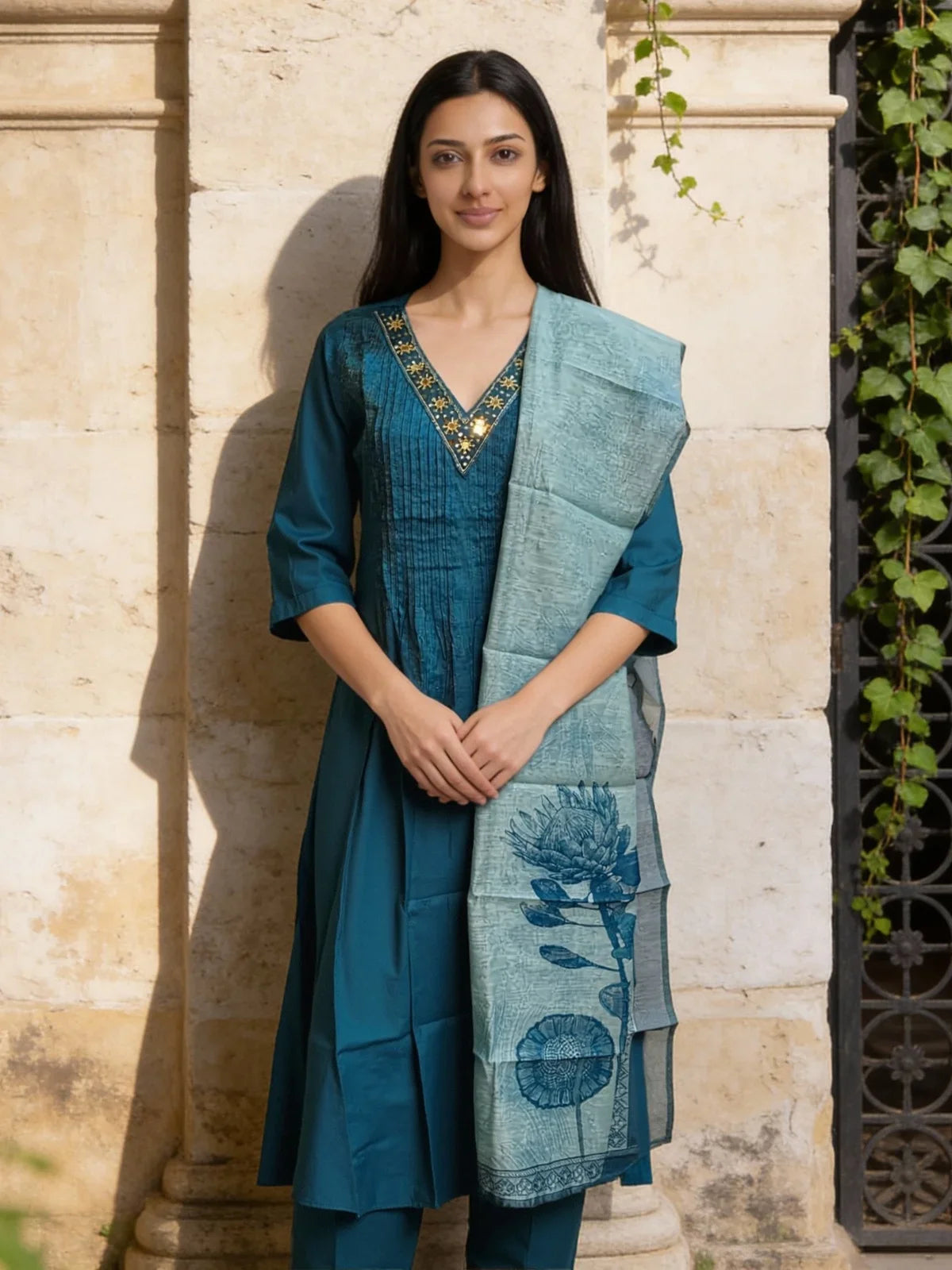 Buy Poly Viscose Embroidered Flared Calf Length Salwar Suit-Teal