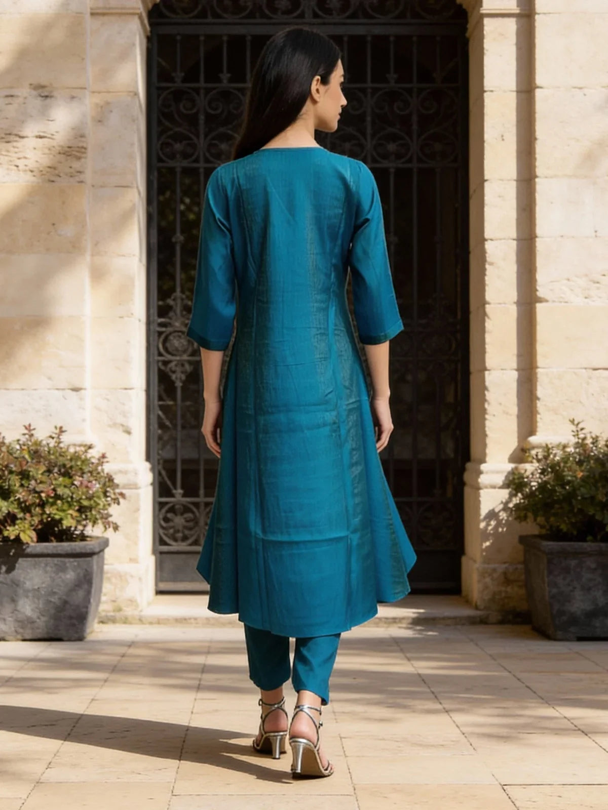 Buy Poly Viscose Embroidered Flared Calf Length Salwar Suit-Teal