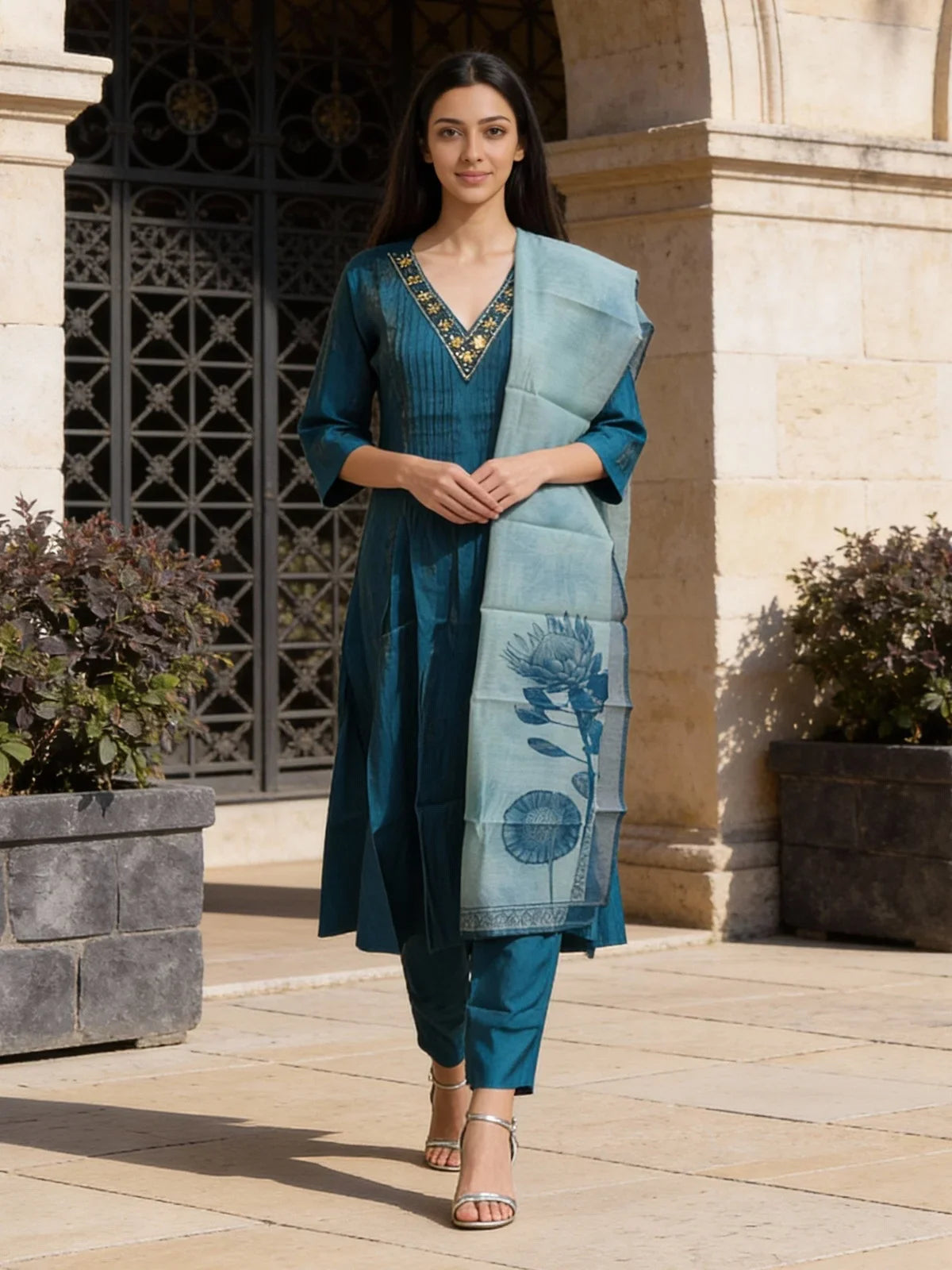 Poly Viscose Embroidered Flared Calf Length Salwar Suit