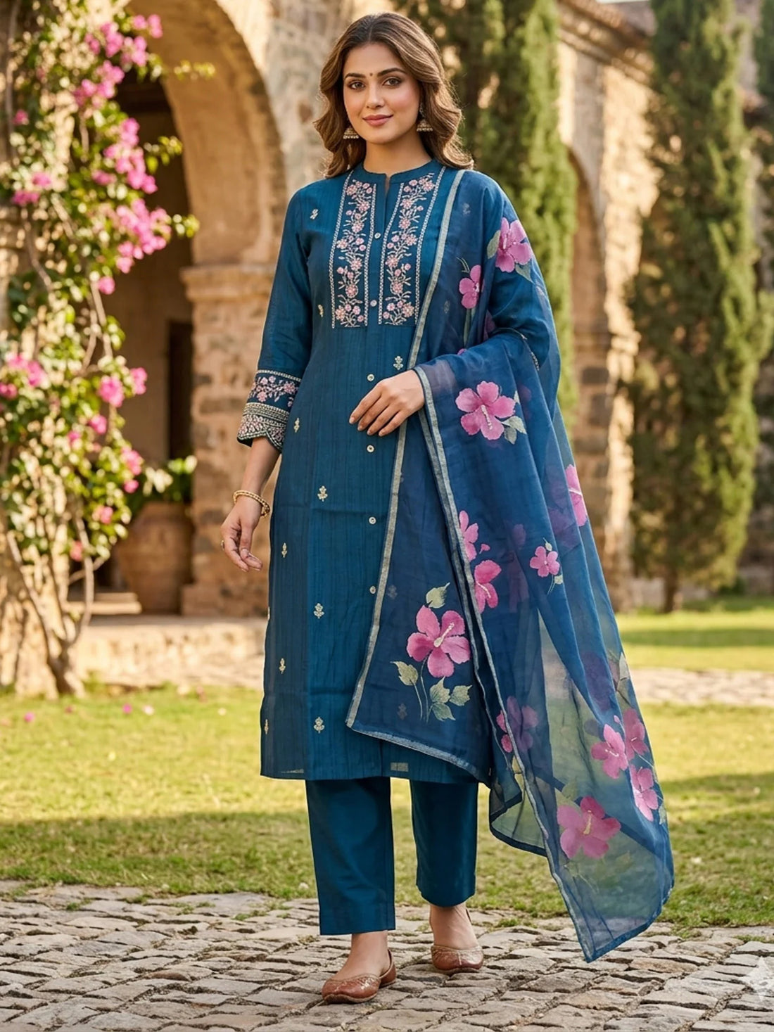 Buy Poly Viscose Embroidered A-Line Calf Length Kurta With Pant and Dupatta-Blue