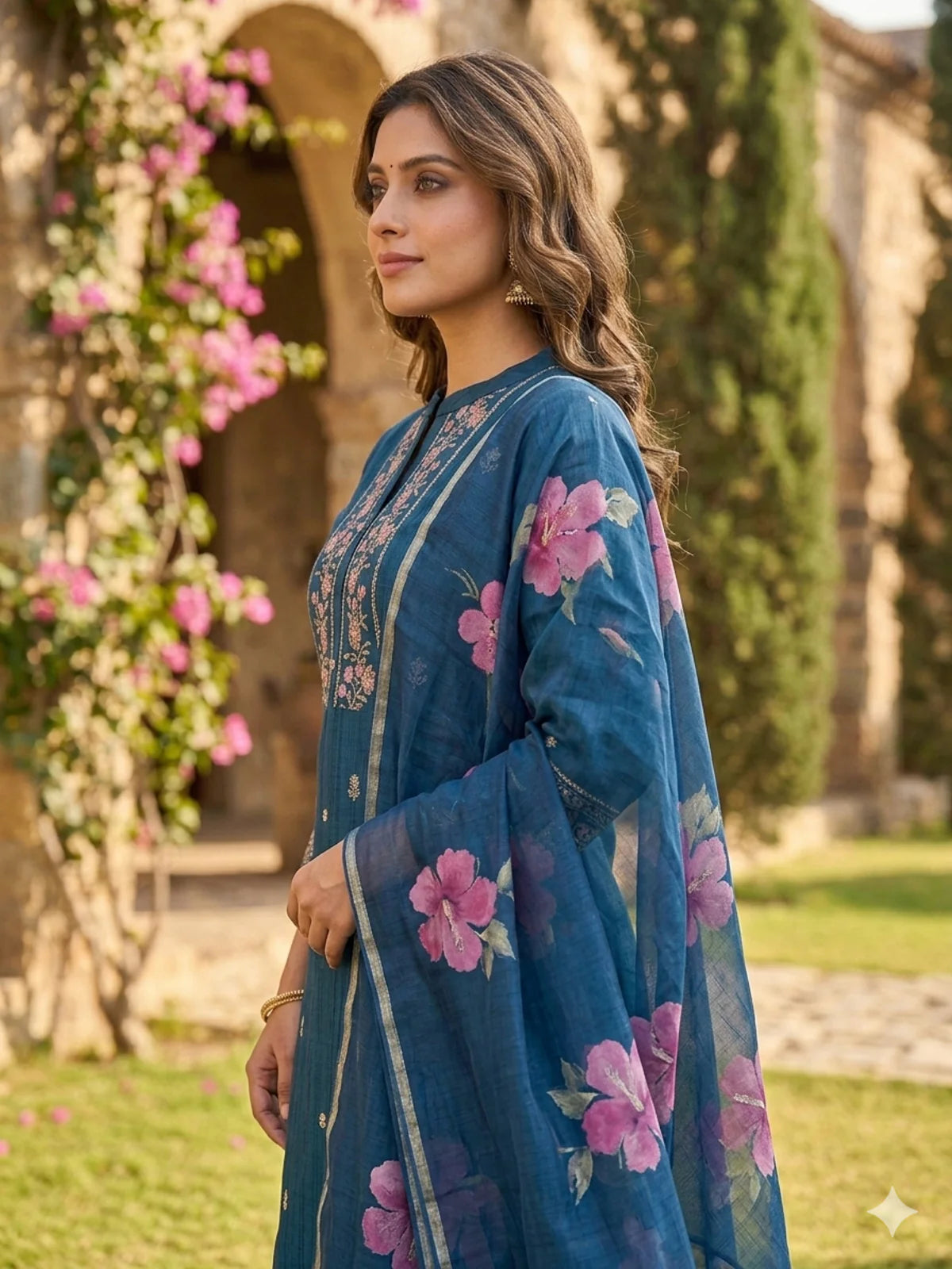 Buy Poly Viscose Embroidered  A-Line Calf Length Kurta With Pant and Dupatta-Blue