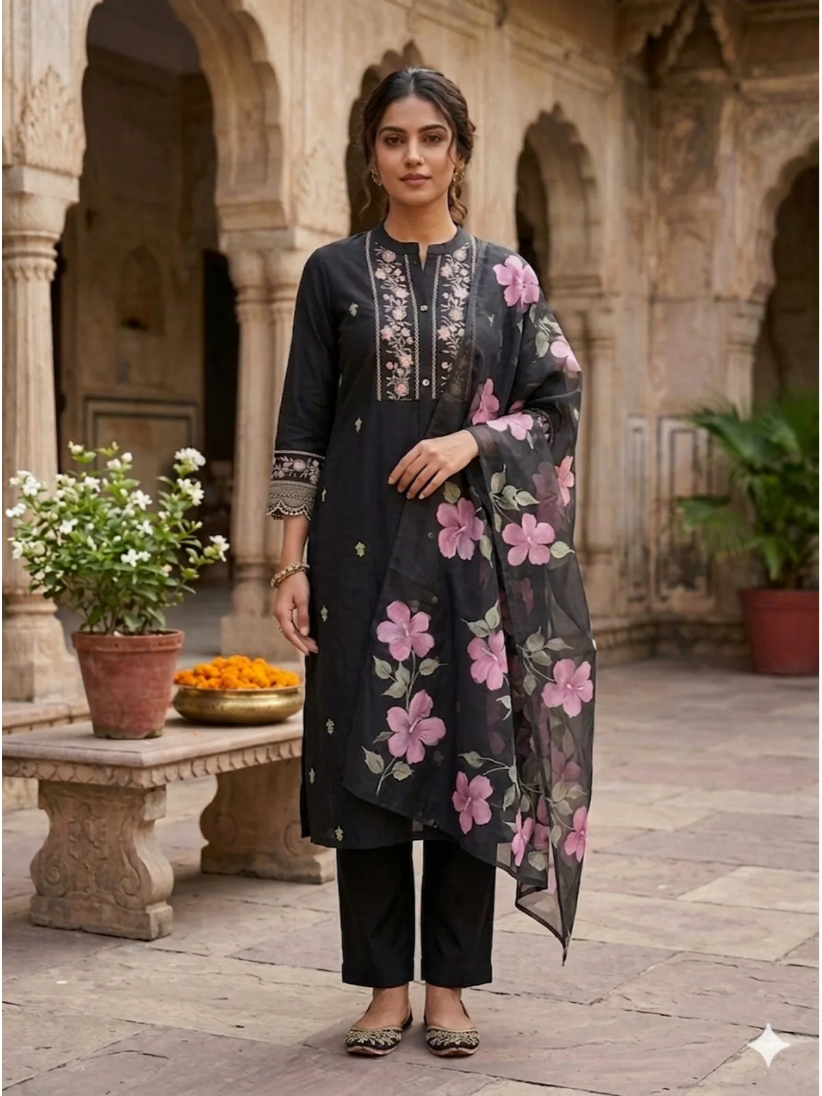 Buy Poly Viscose Embroidered  A-Line Calf Length Kurta With Pant and Dupatta-Black