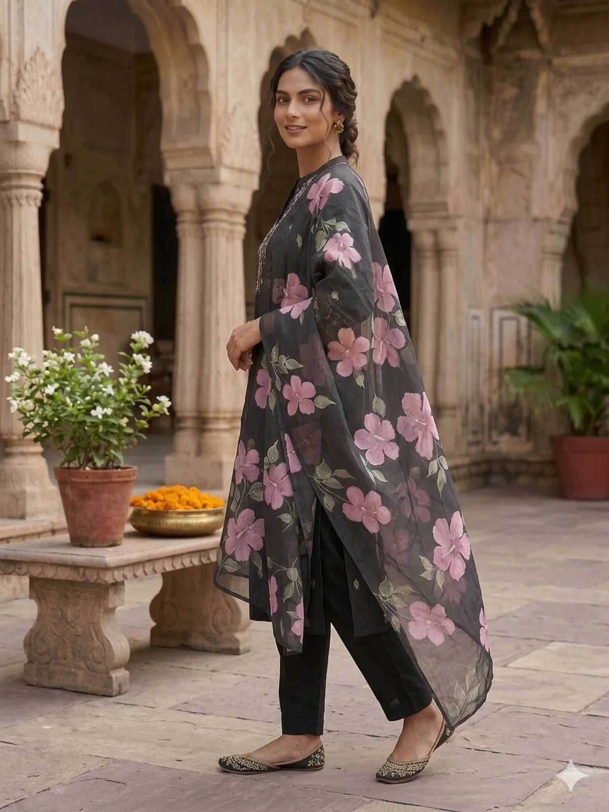 Buy Poly Viscose Embroidered  A-Line Calf Length Kurta With Pant and Dupatta-Black