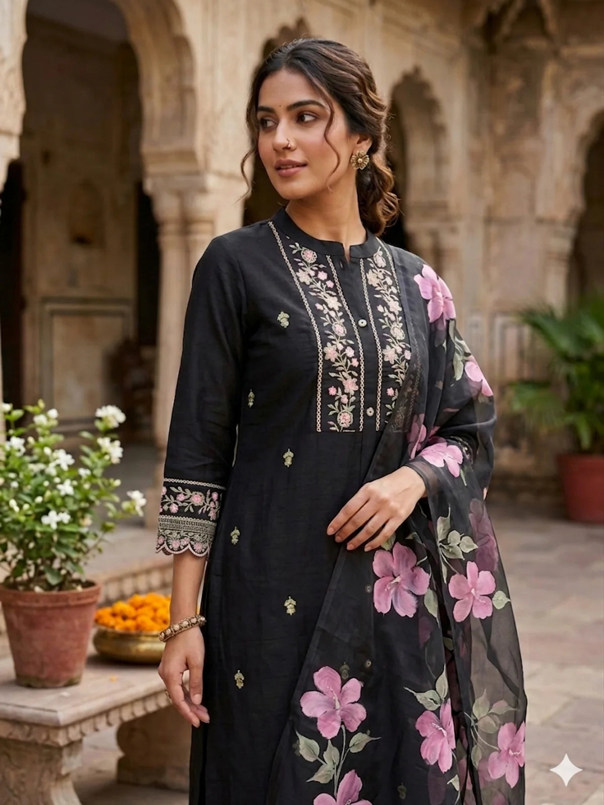 Buy Poly Viscose Embroidered  A-Line Calf Length Kurta With Pant and Dupatta-Black