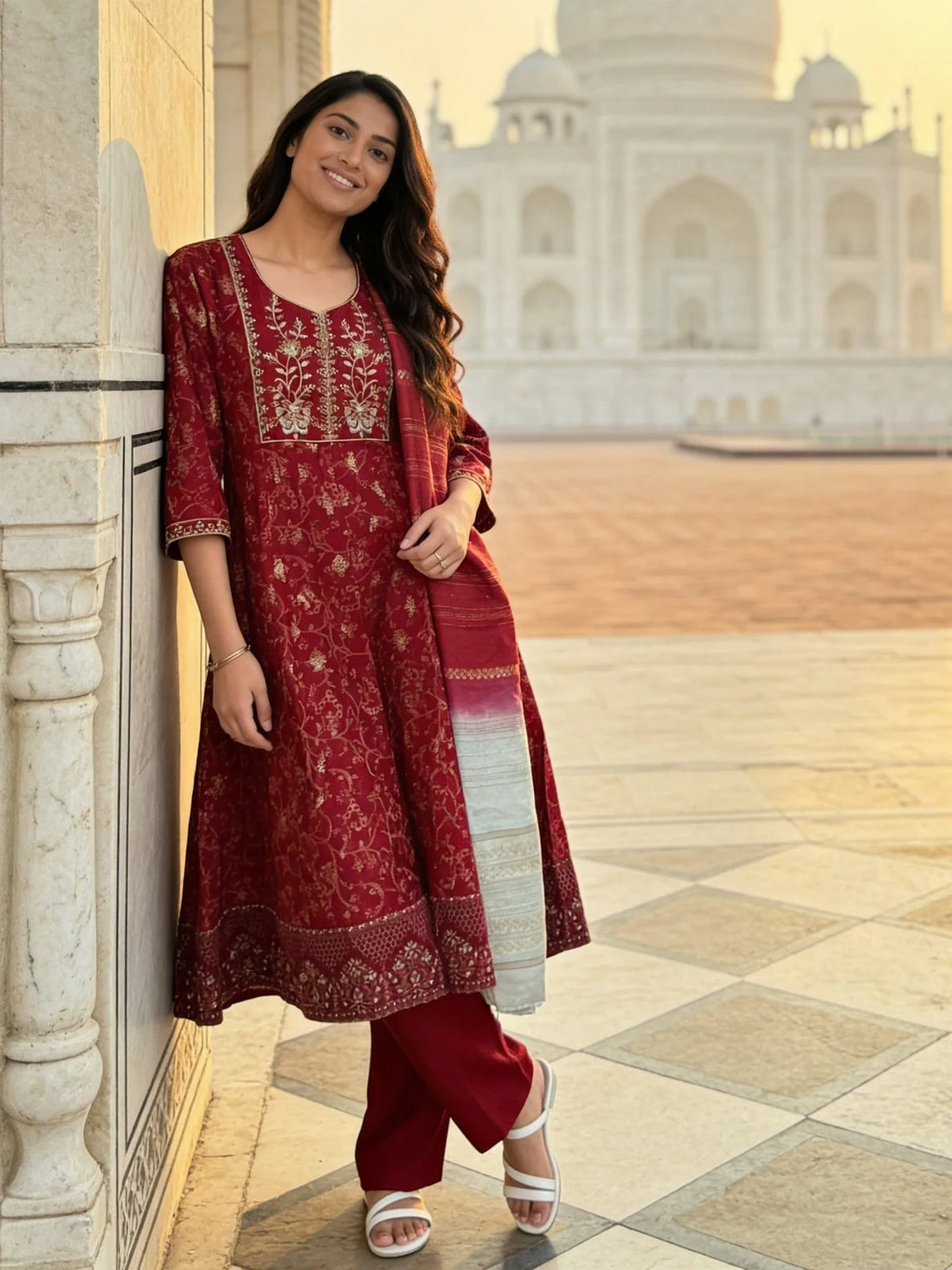 Buy Poly Viscose Embroidered  Anarkali Calf Length Kurta With Pant and Dupatta-Red