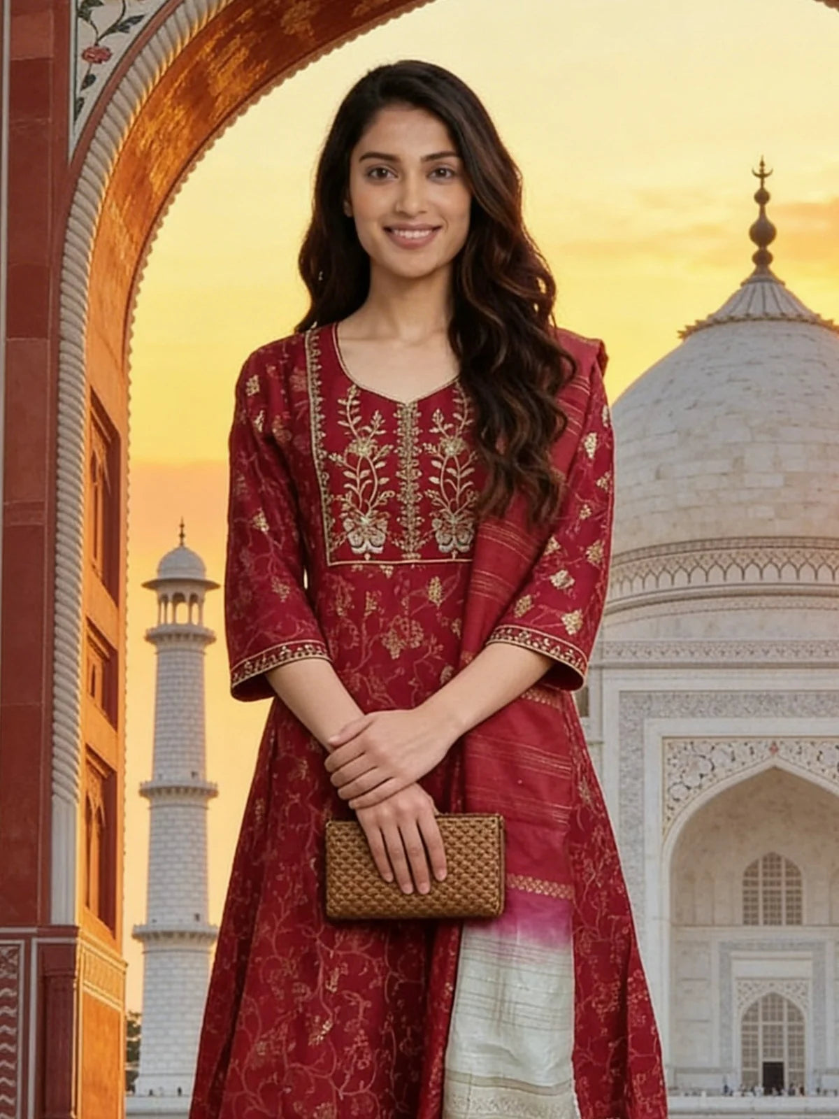 Buy Poly Viscose Embroidered  Anarkali Calf Length Kurta With Pant and Dupatta-Red