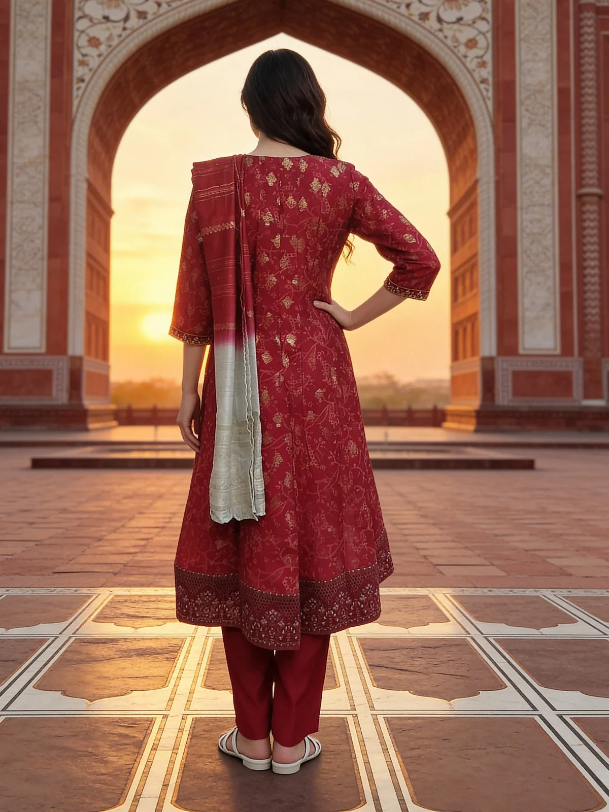 Buy Poly Viscose Embroidered  Anarkali Calf Length Kurta With Pant and Dupatta-Red