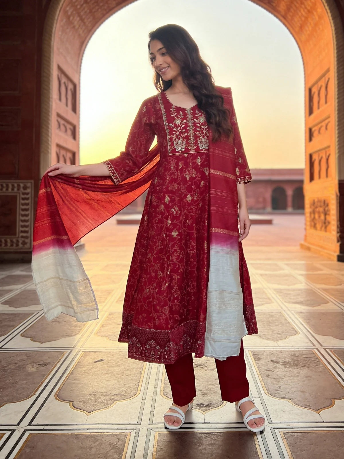 Buy Poly Viscose Embroidered  Anarkali Calf Length Kurta With Pant and Dupatta-Red