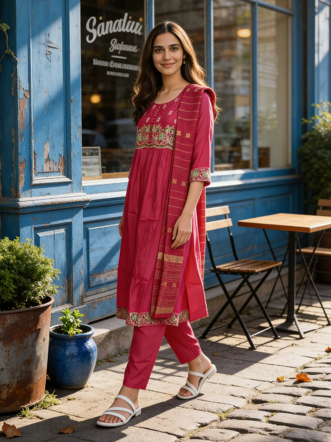 Buy Poly Viscose Embroidered Anarkali Calf Length Kurta With Pant and Dupatta-Red