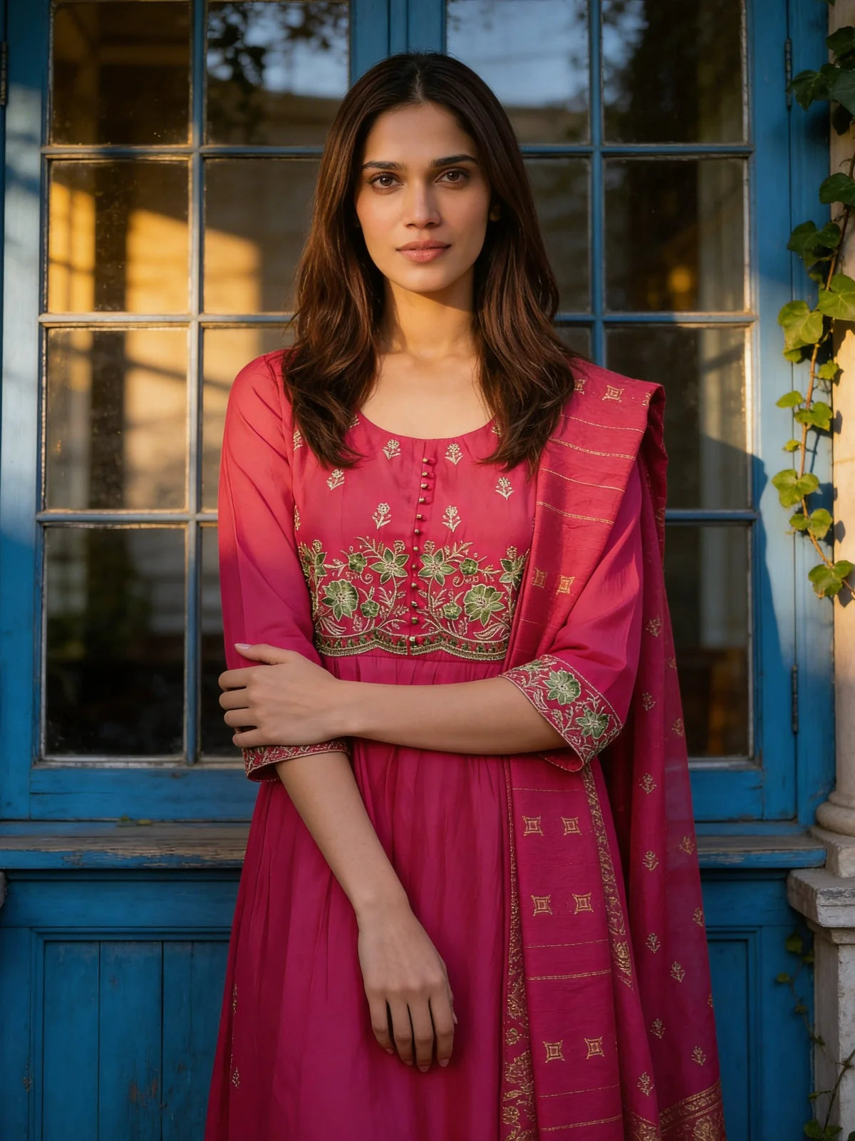 Buy Poly Viscose Embroidered Anarkali Calf Length Kurta With Pant and Dupatta-Red