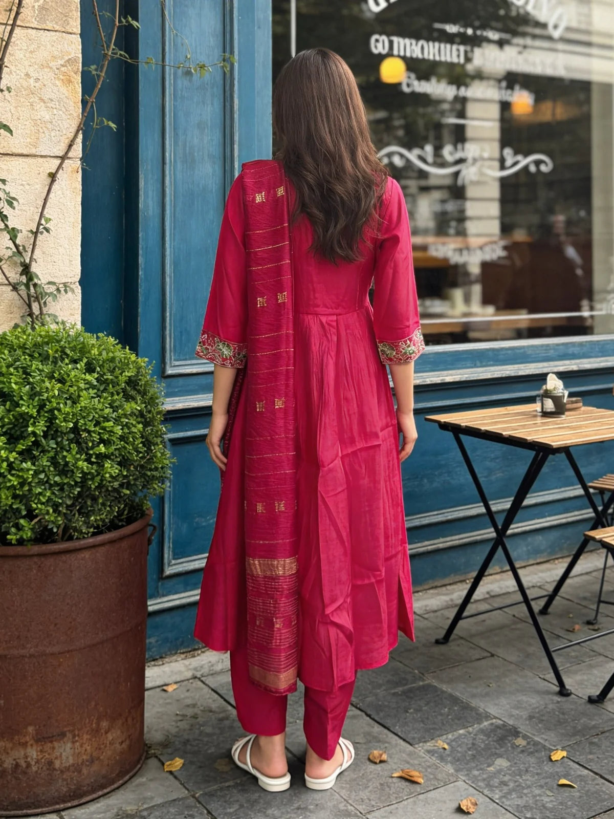 Buy Poly Viscose Embroidered Anarkali Calf Length Kurta With Pant and Dupatta-Red