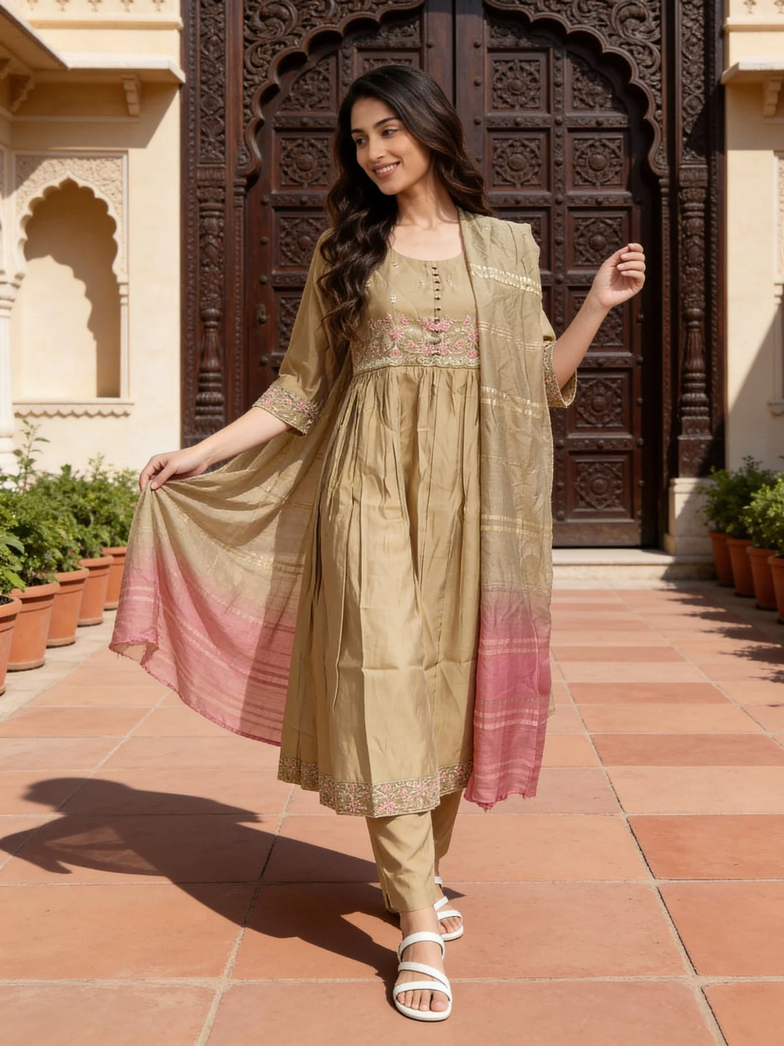 Buy Poly Viscose Embroidered Anarkali Calf Length Kurta With Pant and Dupatta-Beige