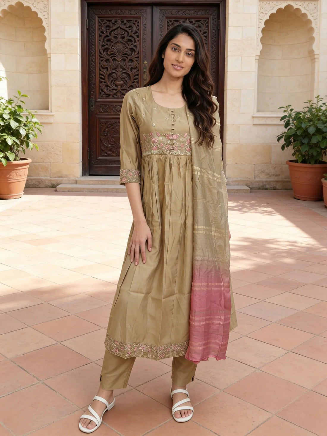Buy Poly Viscose Embroidered  Anarkali Calf Length Kurta With Pant and Dupatta-Beige