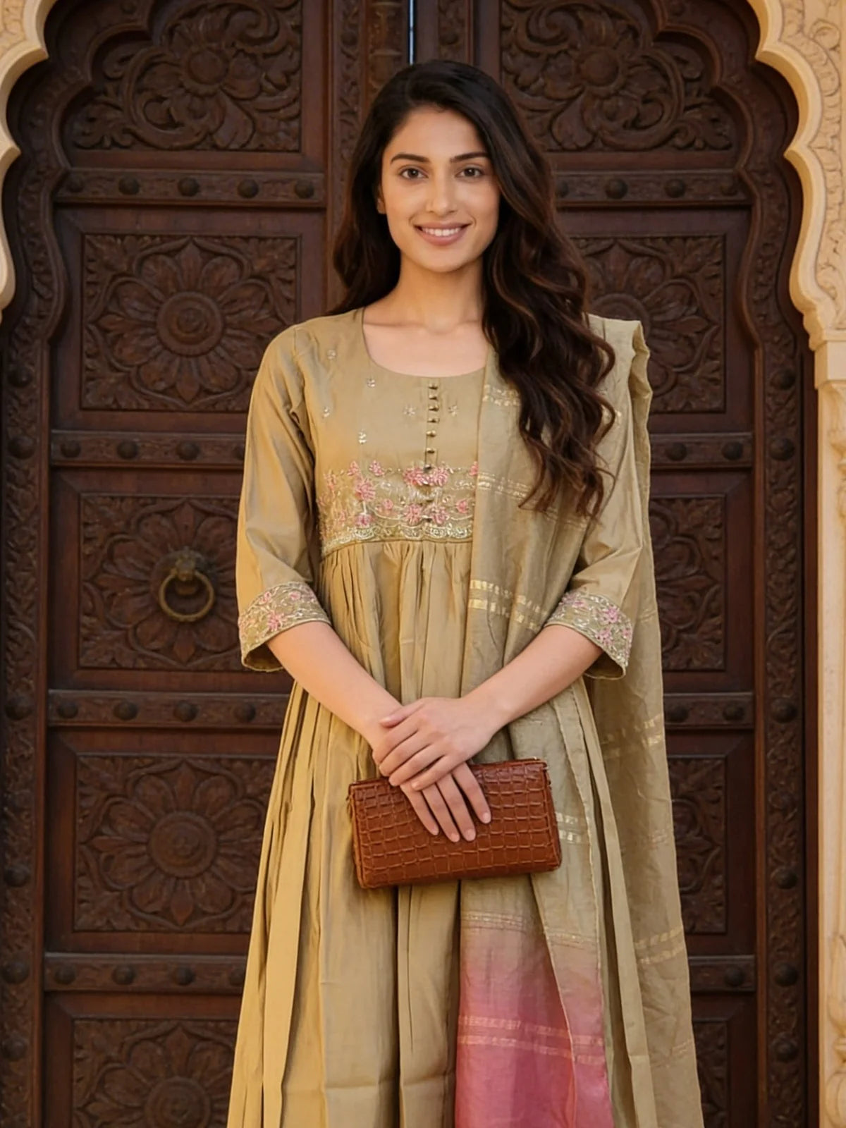 Buy Poly Viscose Embroidered  Anarkali Calf Length Kurta With Pant and Dupatta-Beige