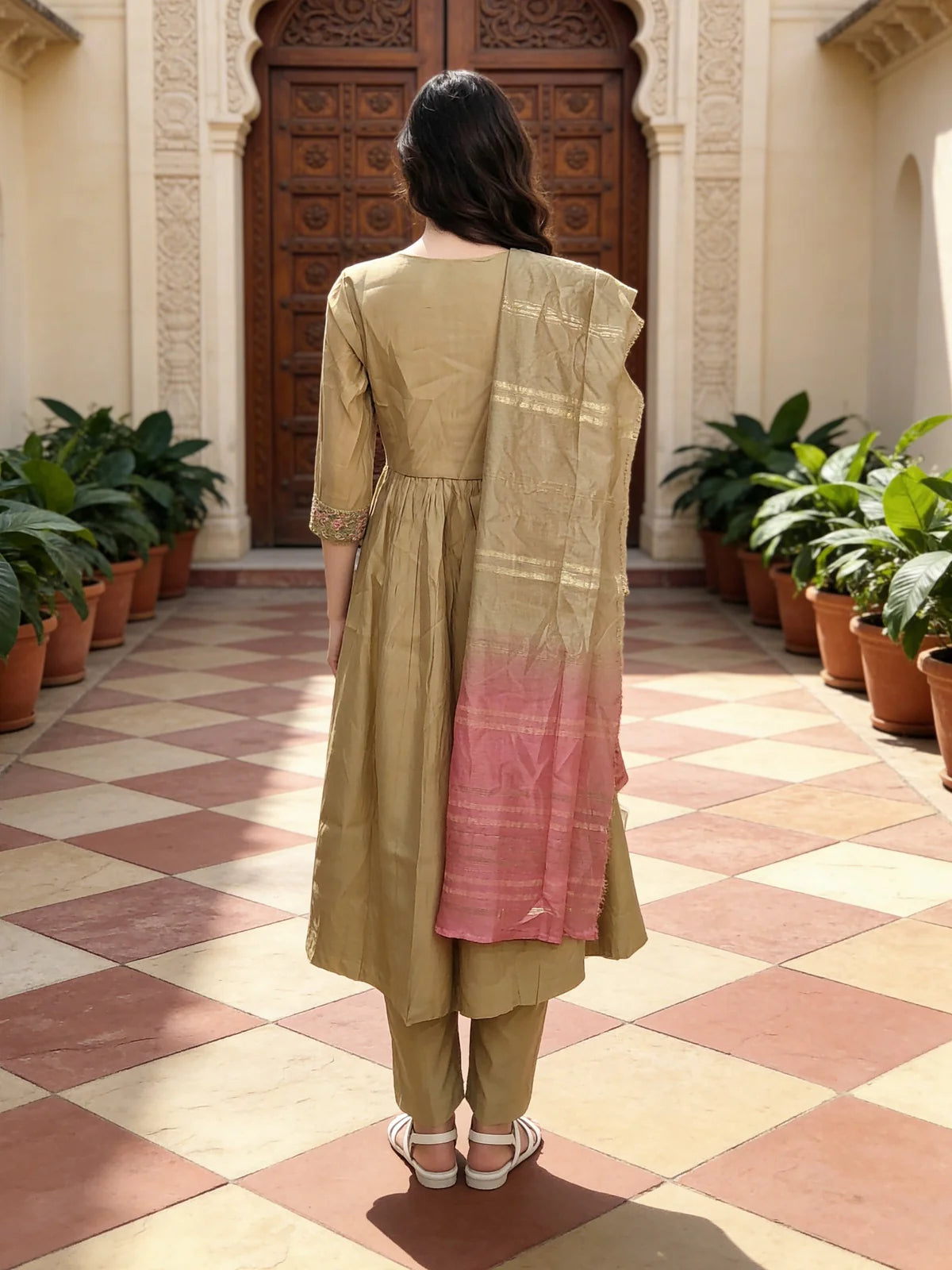 Buy Poly Viscose Embroidered  Anarkali Calf Length Kurta With Pant and Dupatta-Beige