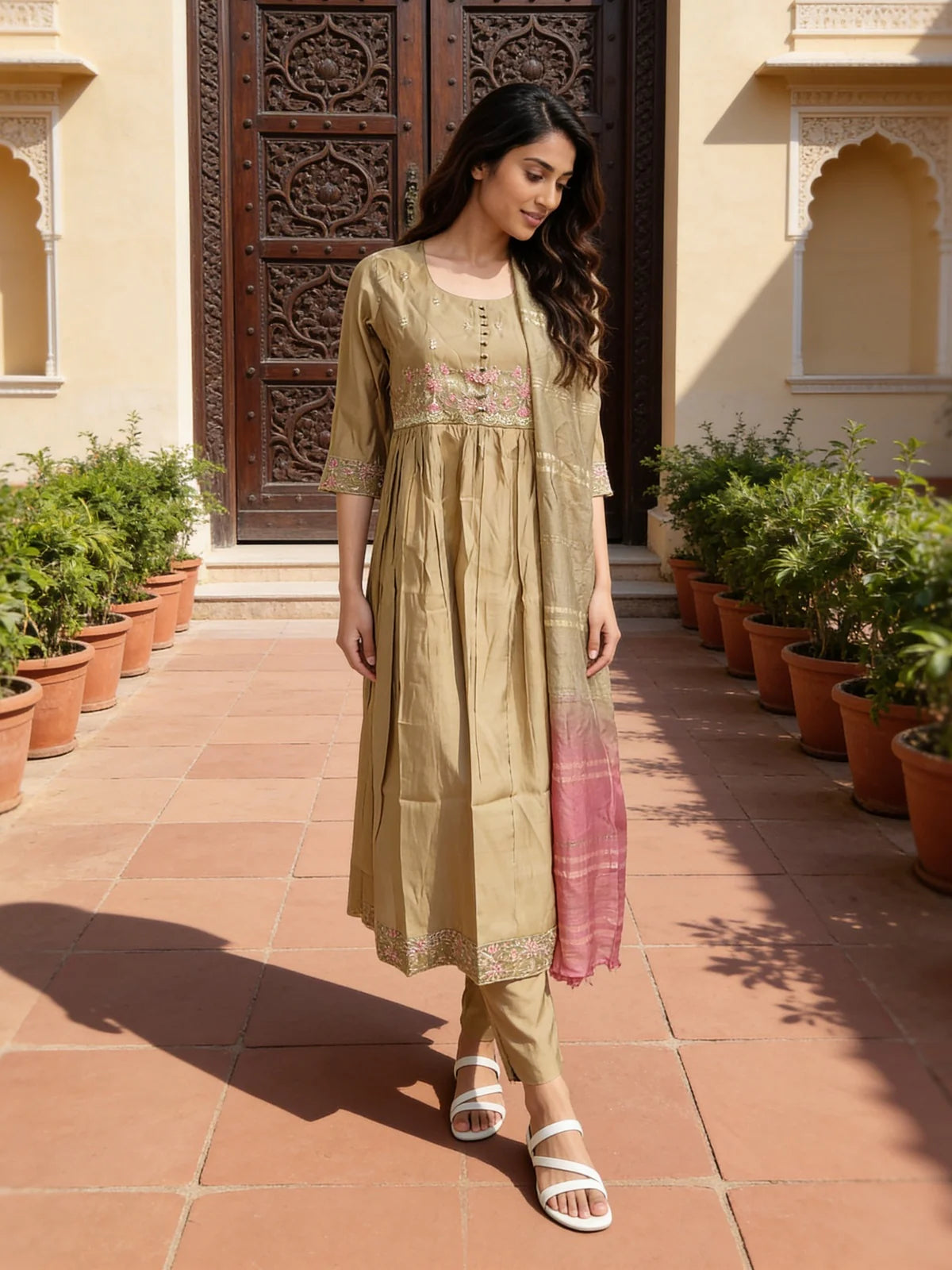 Buy Poly Viscose Embroidered  Anarkali Calf Length Kurta With Pant and Dupatta-Beige