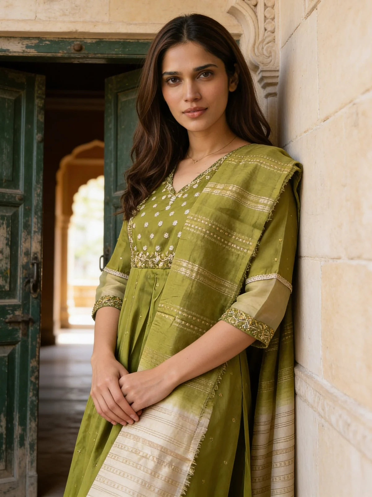 Buy Poly Viscose Embroidered Anarkali Calf Length Kurta With Pant and Dupatta-Green