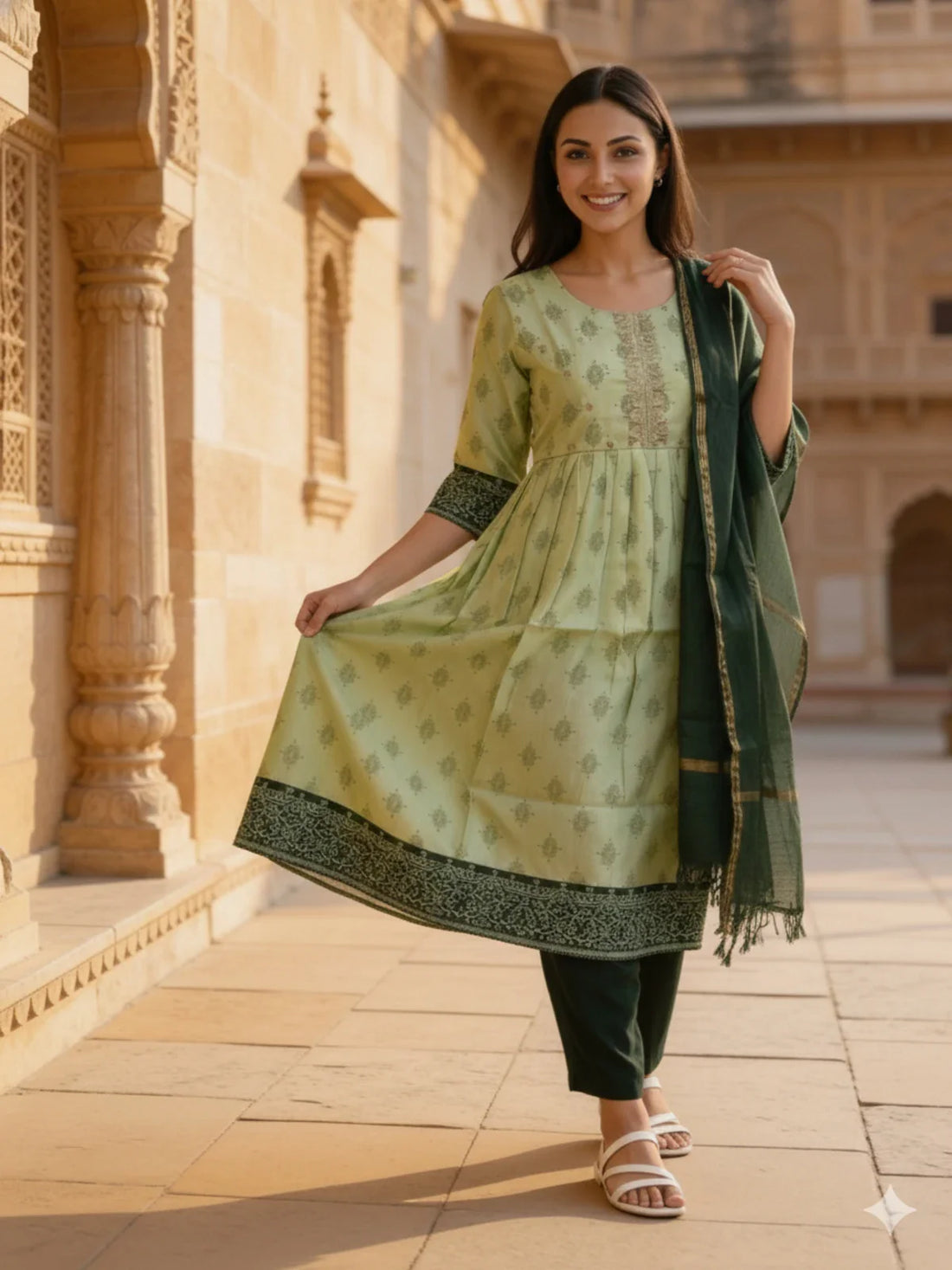 Buy Poly Viscose Embroidered Anarkali Calf Length Kurta and pant With Dupatta-Green