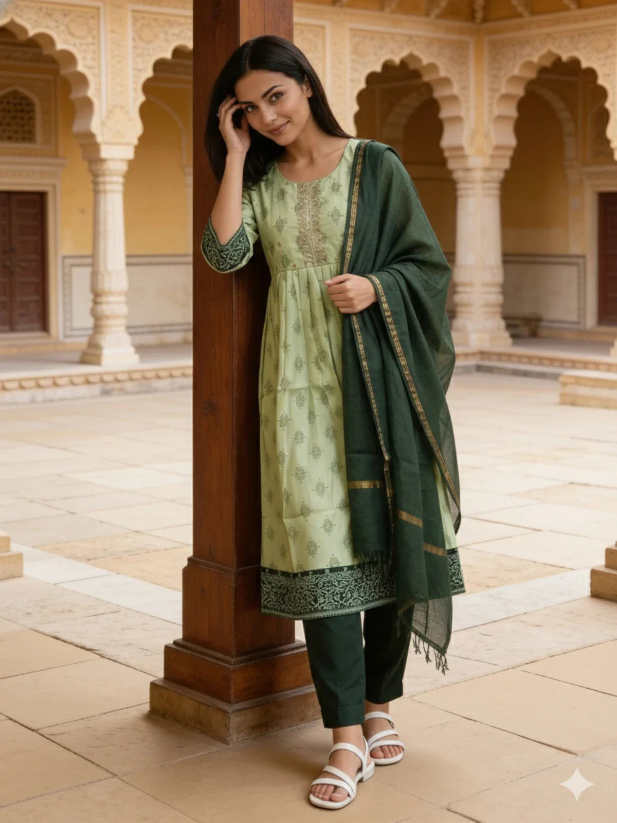 Buy Poly Viscose Embroidered Anarkali Calf Length Kurta and pant With Dupatta-Green