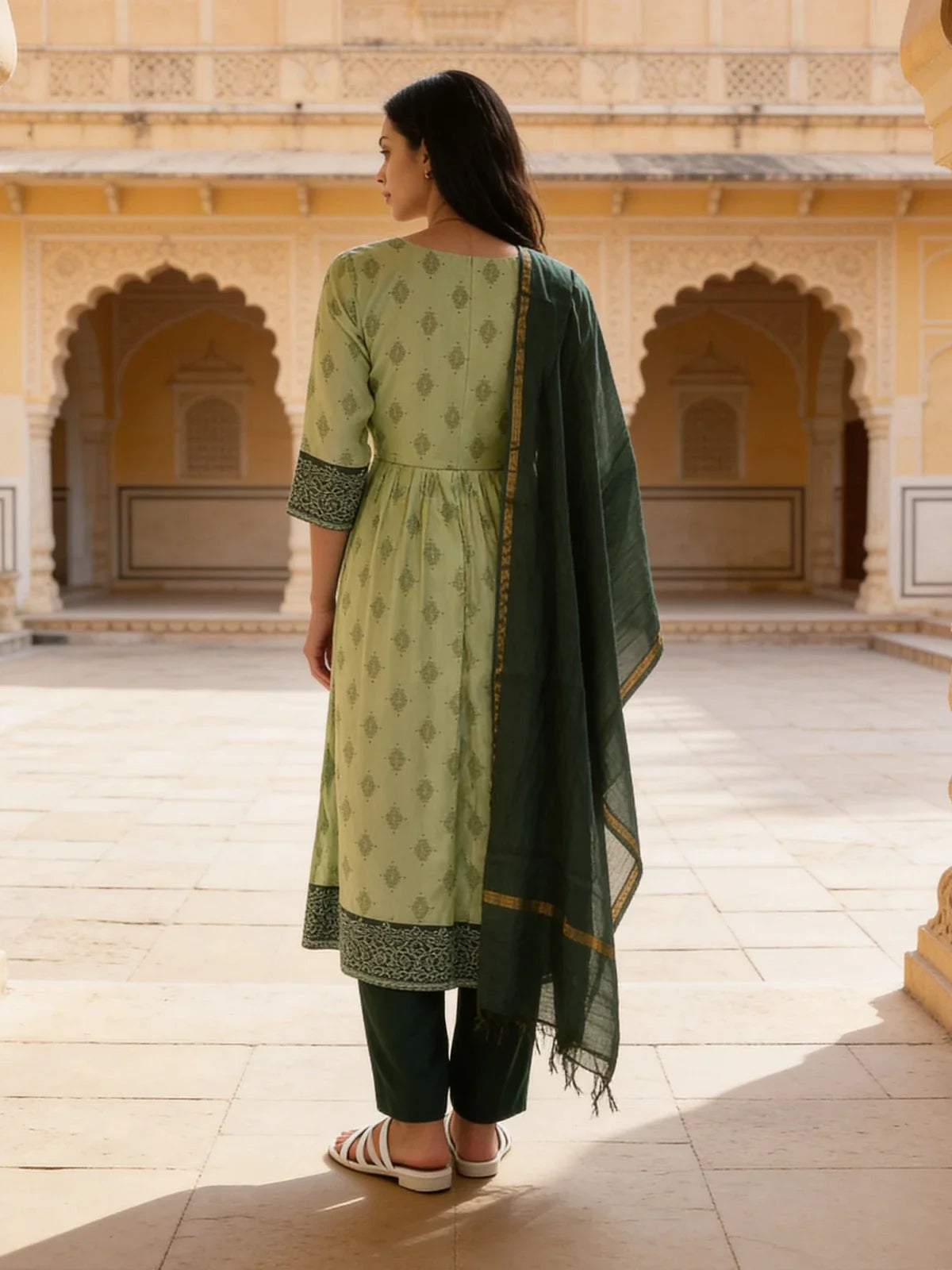 Buy Poly Viscose Embroidered Anarkali Calf Length Kurta and pant With Dupatta-Green