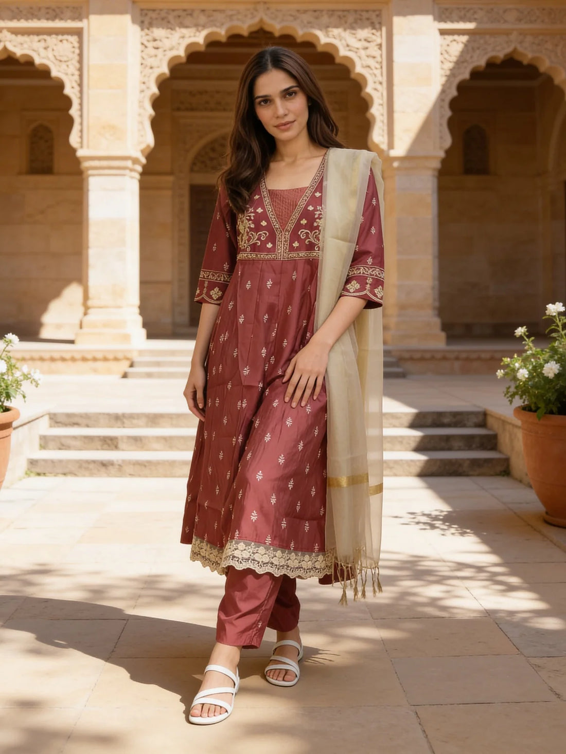 Buy Poly Viscose Embroidered Anarkali Calf Length Kurta With Pant and Dupatta-Maroon