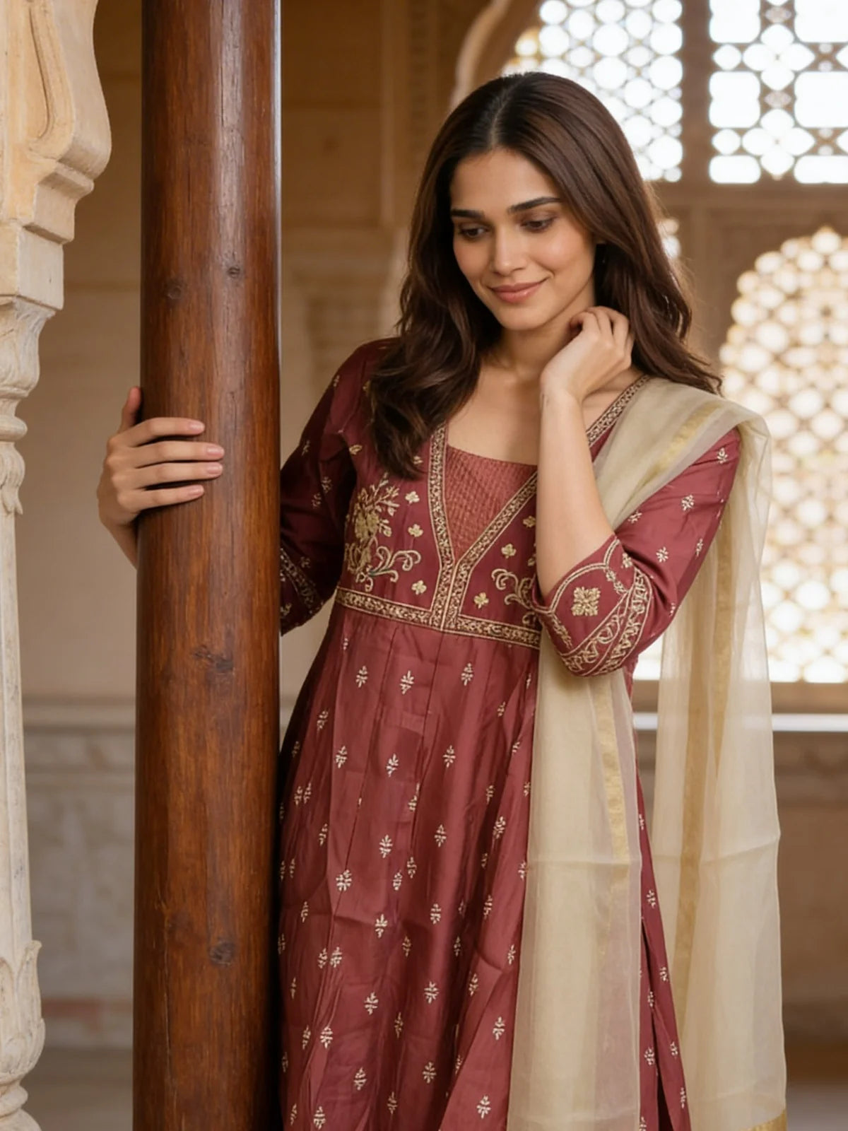 Buy Poly Viscose Embroidered  Anarkali Calf Length Kurta With Pant and Dupatta-Maroon