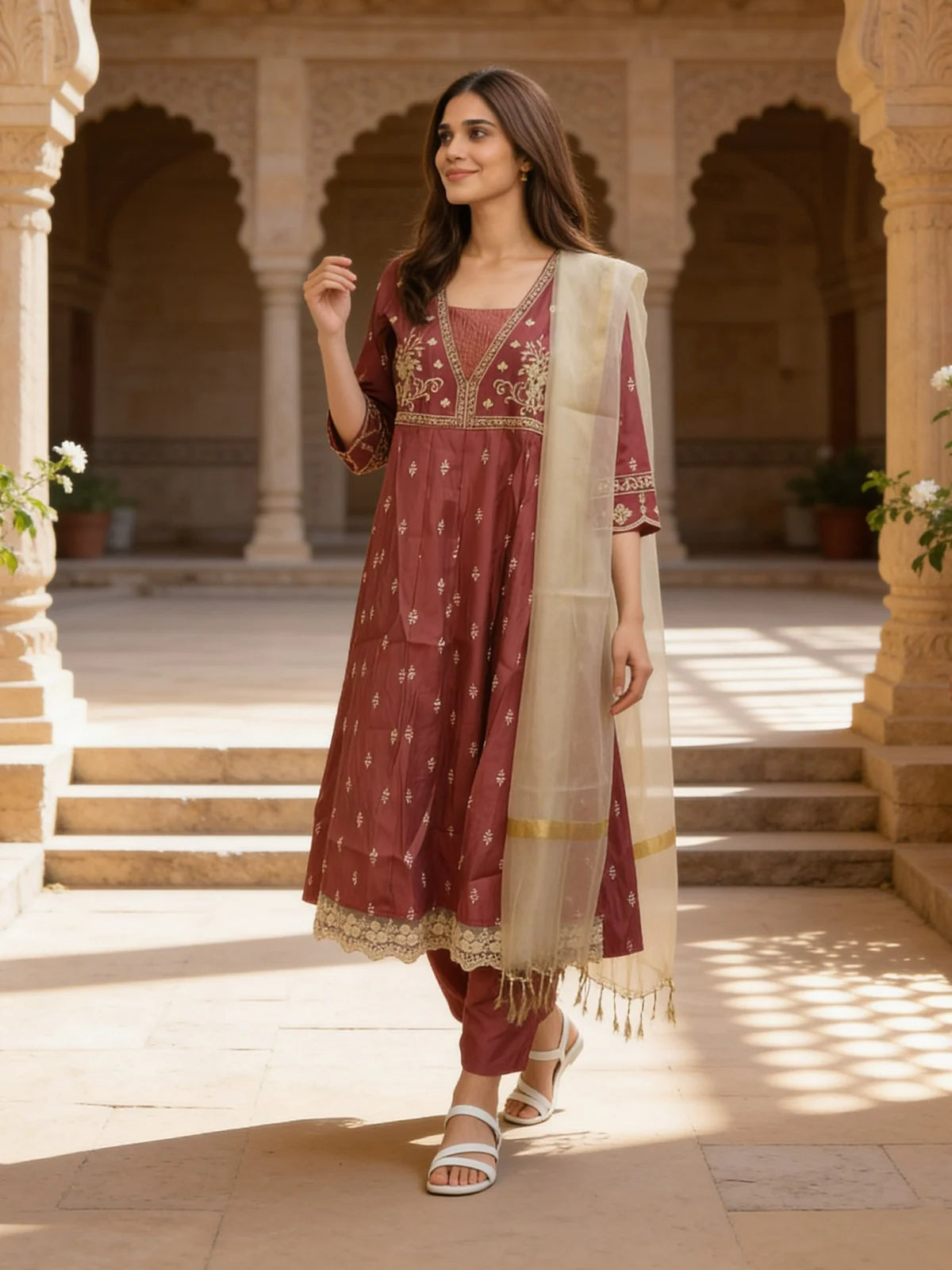 Buy Poly Viscose Embroidered  Anarkali Calf Length Kurta With Pant and Dupatta-Maroon