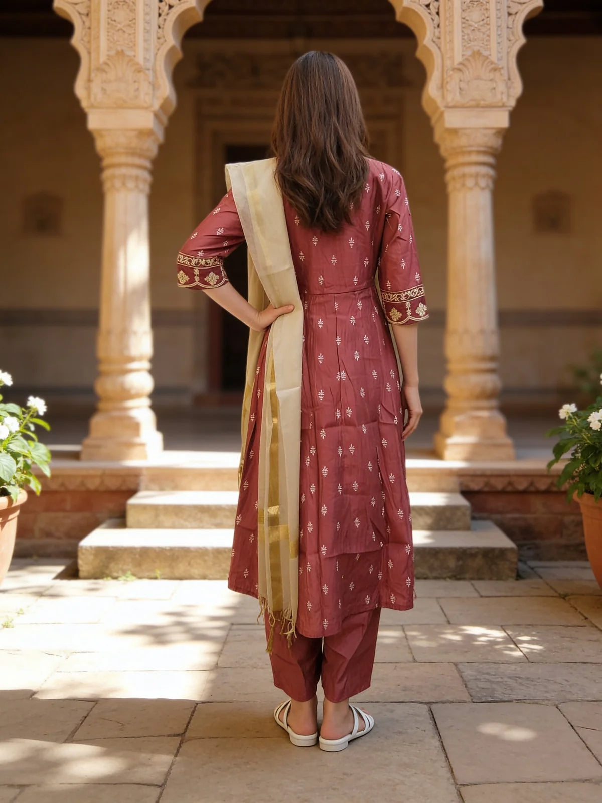 Buy Poly Viscose Embroidered  Anarkali Calf Length Kurta With Pant and Dupatta-Maroon