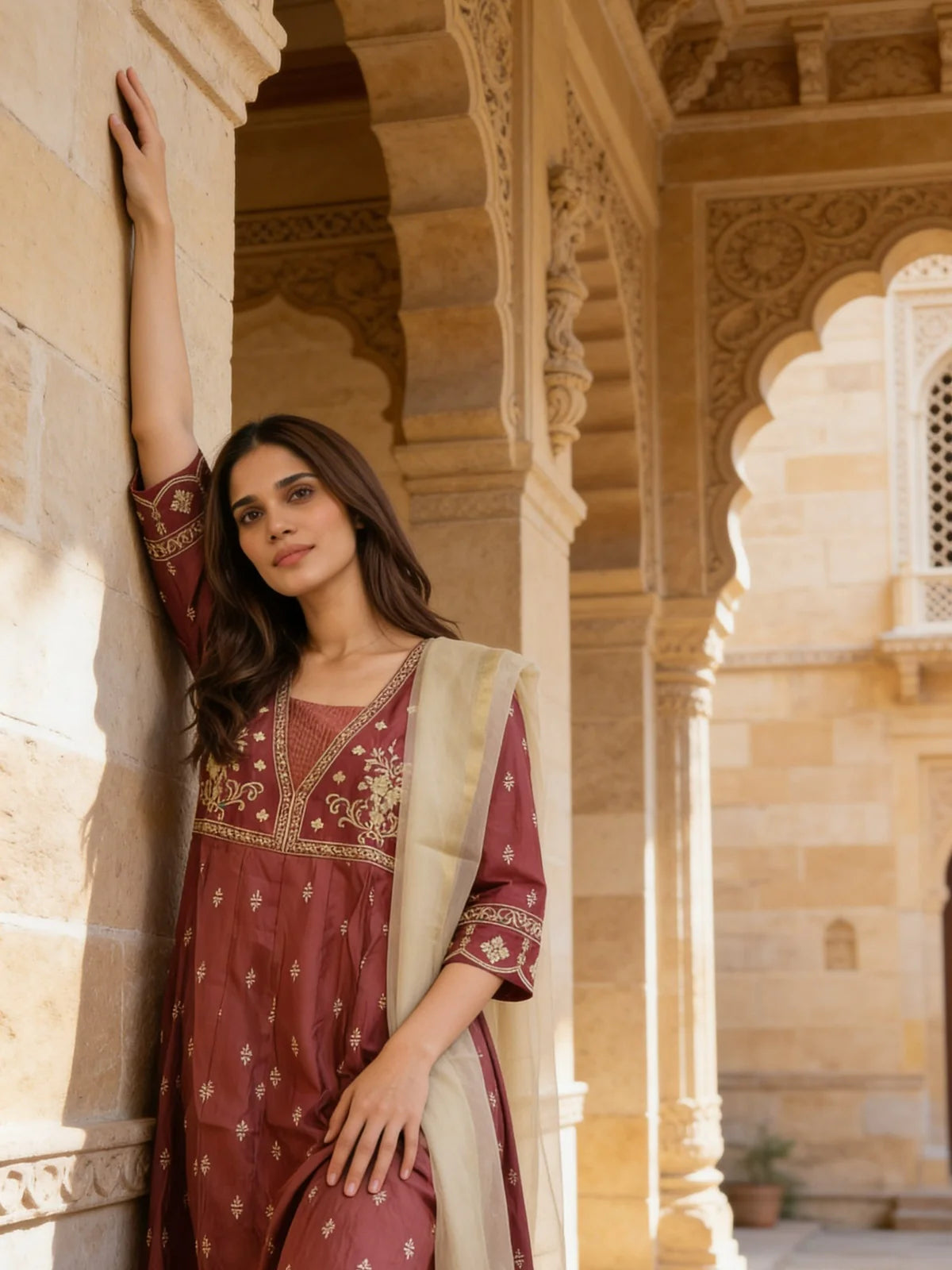 Buy Poly Viscose Embroidered  Anarkali Calf Length Kurta With Pant and Dupatta-Maroon