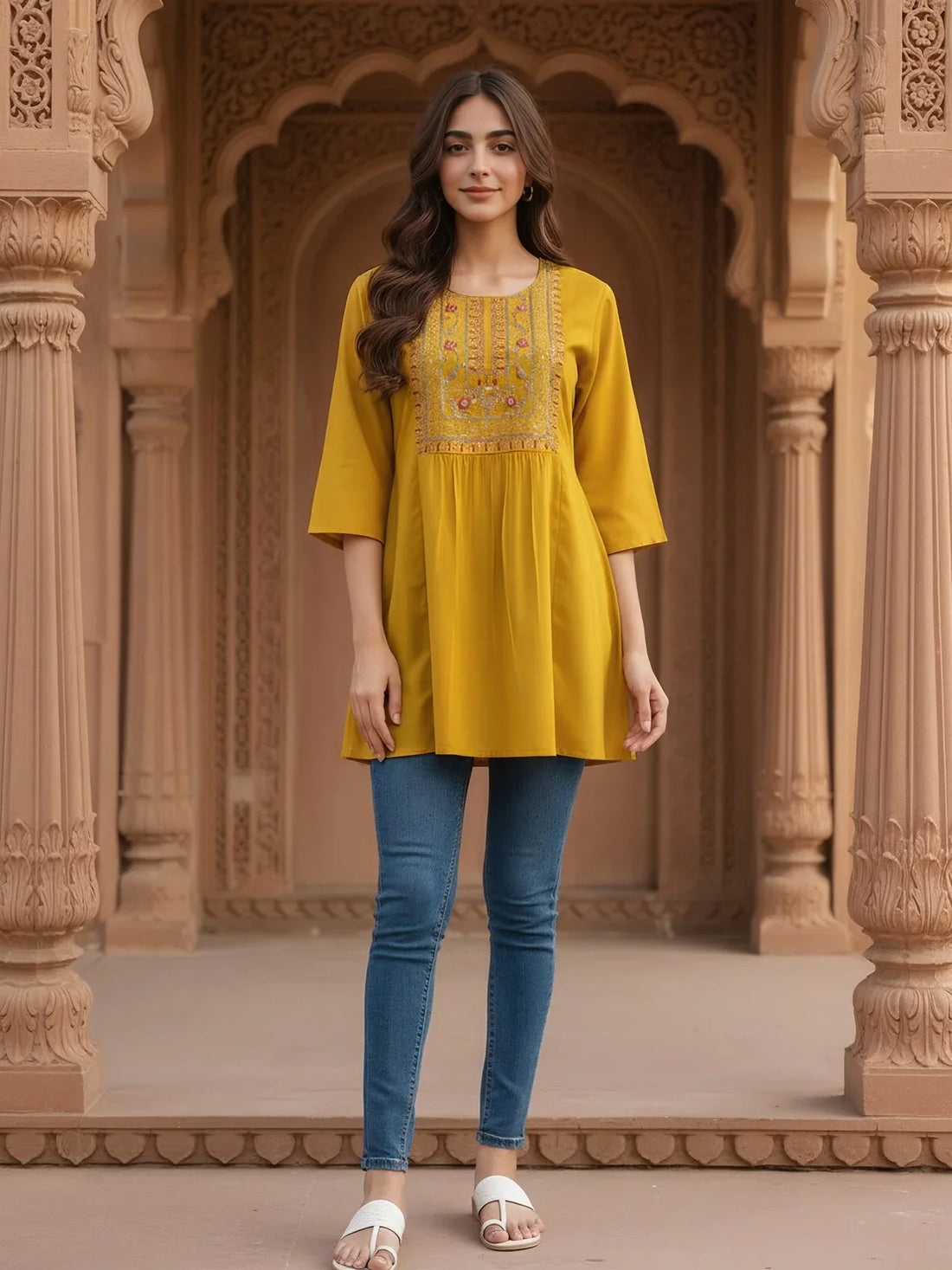 Buy Rayon Embroidered A-Line Short Length Short Kurti-Mustard