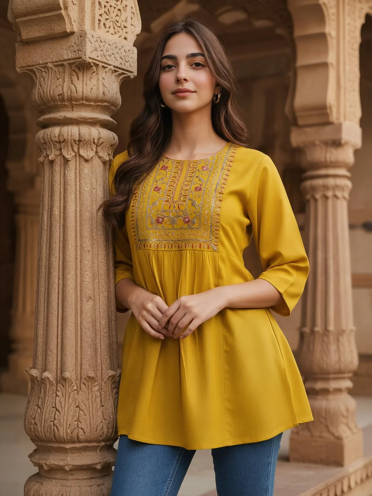 Buy Rayon Embroidered A-Line Short Length Short Kurti-Mustard