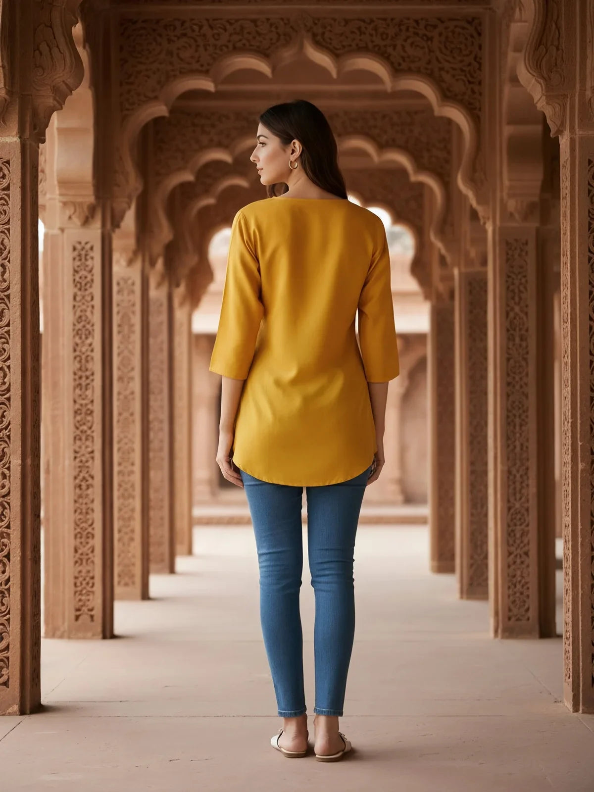 Buy Rayon Embroidered A-Line Short Length Short Kurti-Mustard