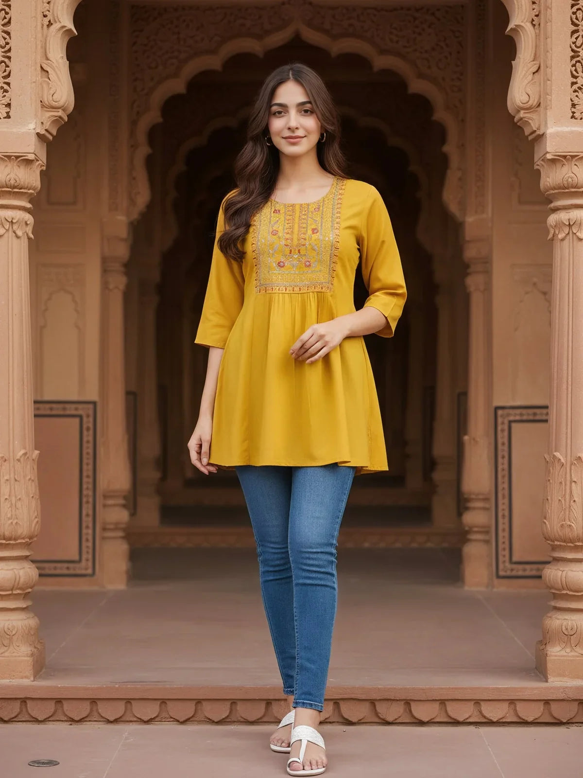 Buy Rayon Embroidered A-Line Short Length Short Kurti-Mustard