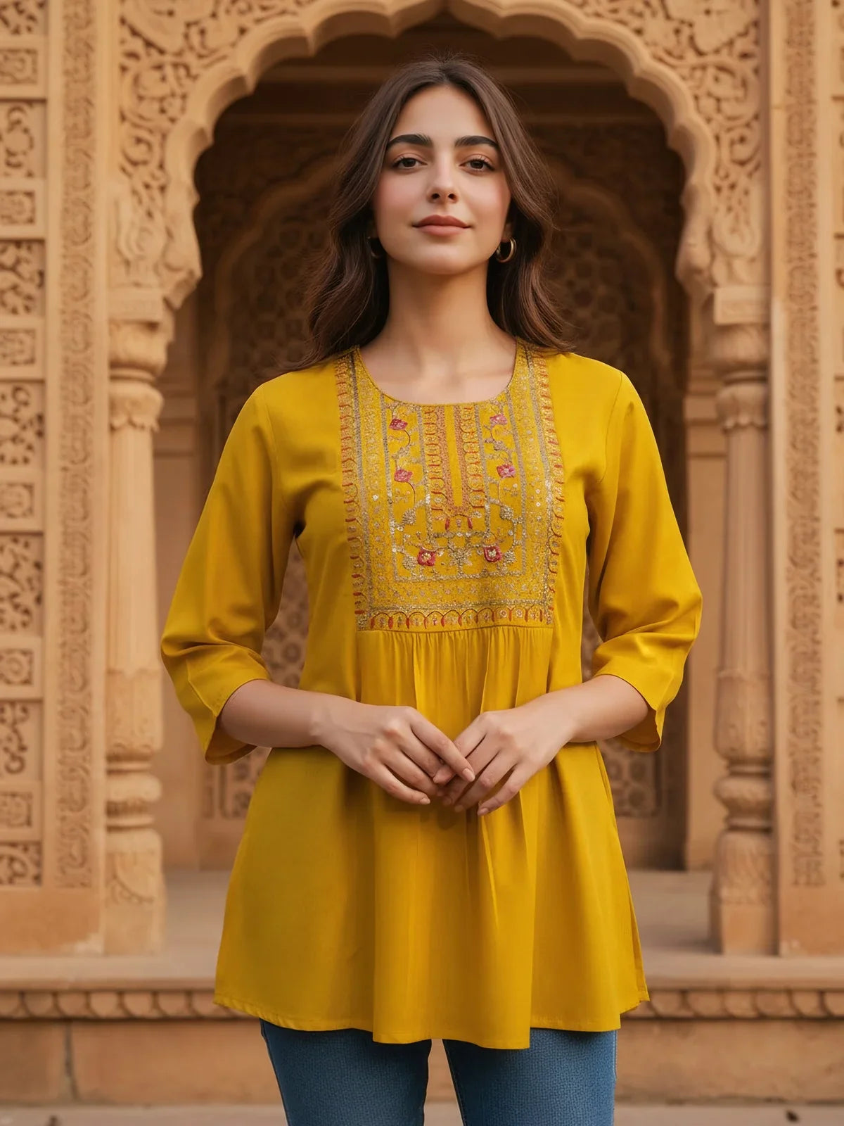 Buy Rayon Embroidered A-Line Short Length Short Kurti-Mustard
