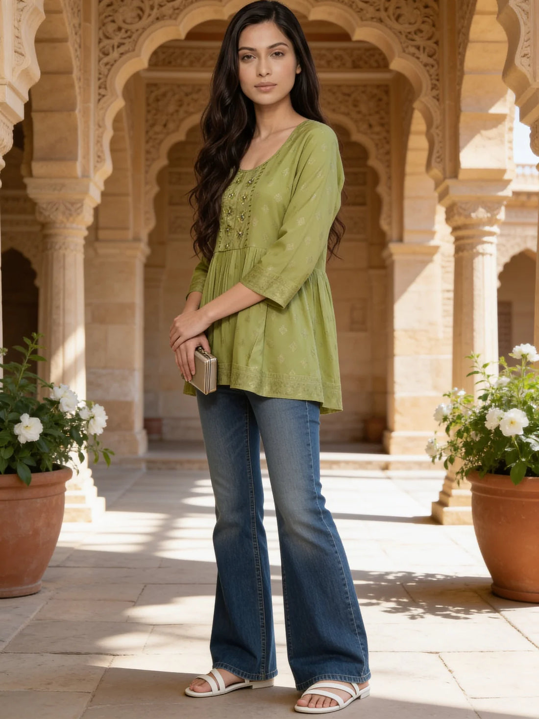 Buy Rayon Embroidered A-Line Short Length Short Kurta-Pista Green