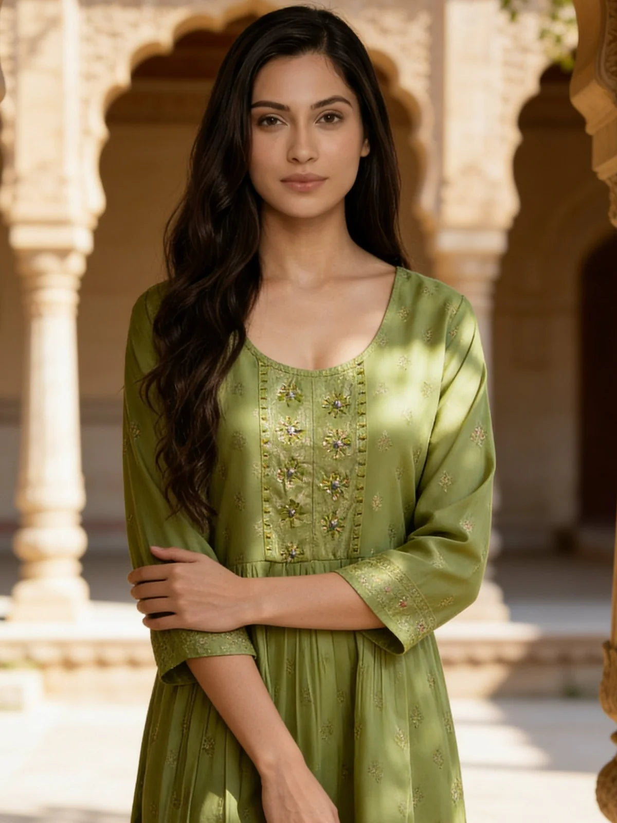 Buy Rayon Embroidered A-Line Short Length Short Kurta-Pista Green
