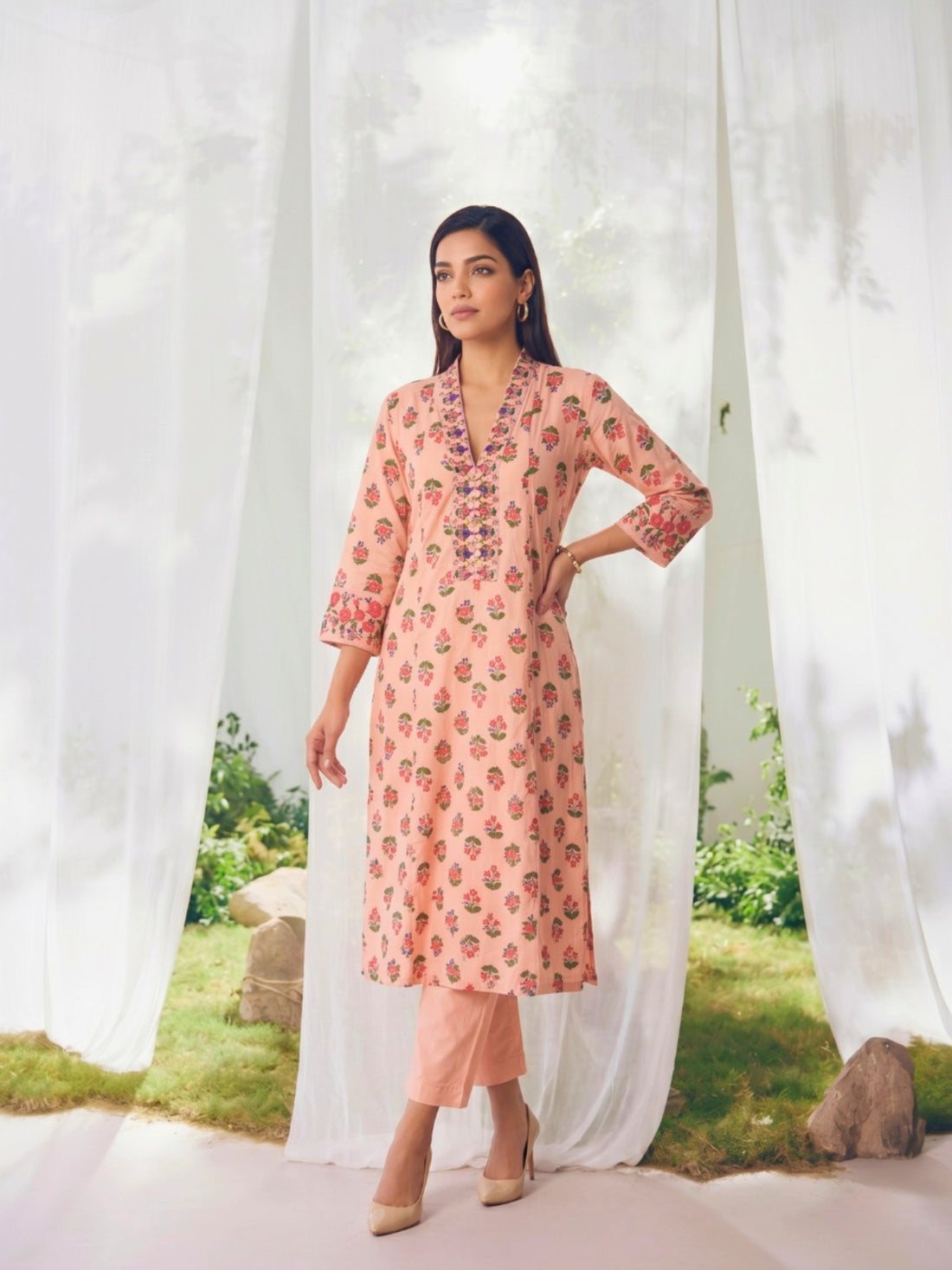 Buy Printed Straight Calf Length Kurta With Pant-Peach