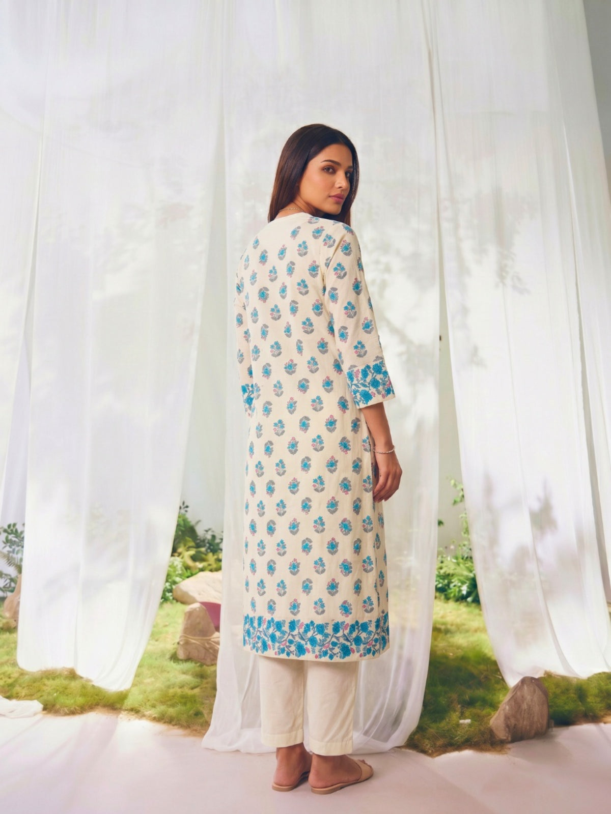 Buy Printed Straight Calf Length Kurta With Pant-Off White